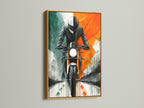 Orange Teal Art with Gold Frame. This unique motorcycle art is displayed in a gold frame. The retro canvas print adds a touch of vintage charm to any room. A great biker gift or retro wall decor for automotive spaces studios and lobbies.