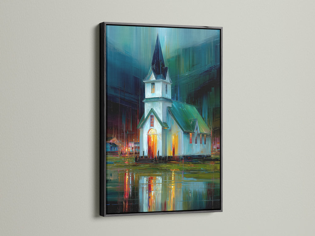 See the Church at Night Canvas Print showcased in a black frame. This religious wall art adds a sophisticated touch to your decor. The black frame makes the vivid colors of the cityscape canvas stand out. Ideal for modern minimalist or eclectic styles. Elevate your space with this architectural art print.
