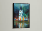 See the Church at Night Canvas Print showcased in a black frame. This religious wall art adds a sophisticated touch to your decor. The black frame makes the vivid colors of the cityscape canvas stand out. Ideal for modern minimalist or eclectic styles. Elevate your space with this architectural art print.