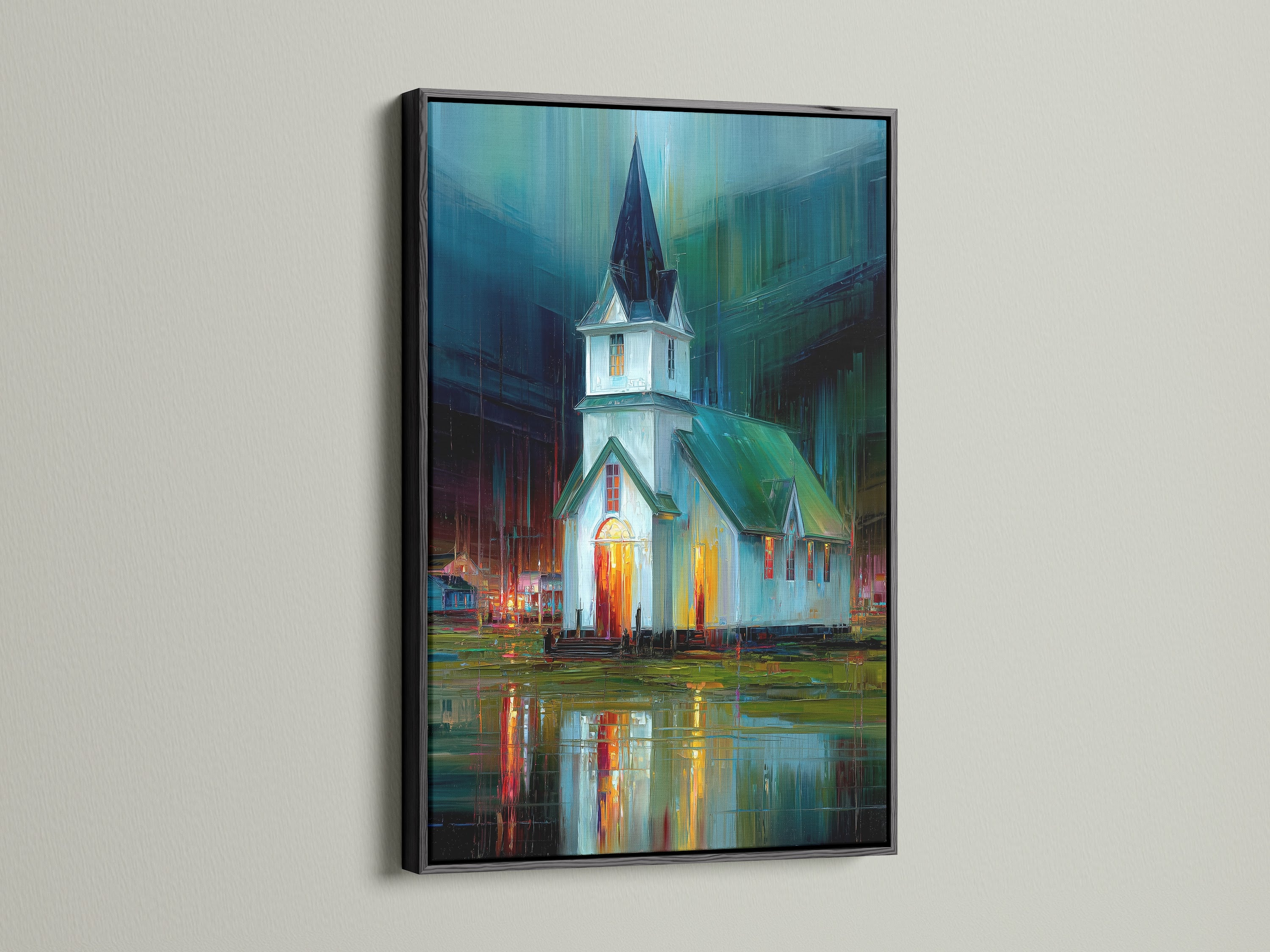 See the Church at Night Canvas Print showcased in a black frame. This religious wall art adds a sophisticated touch to your decor. The black frame makes the vivid colors of the cityscape canvas stand out. Ideal for modern minimalist or eclectic styles. Elevate your space with this architectural art print.