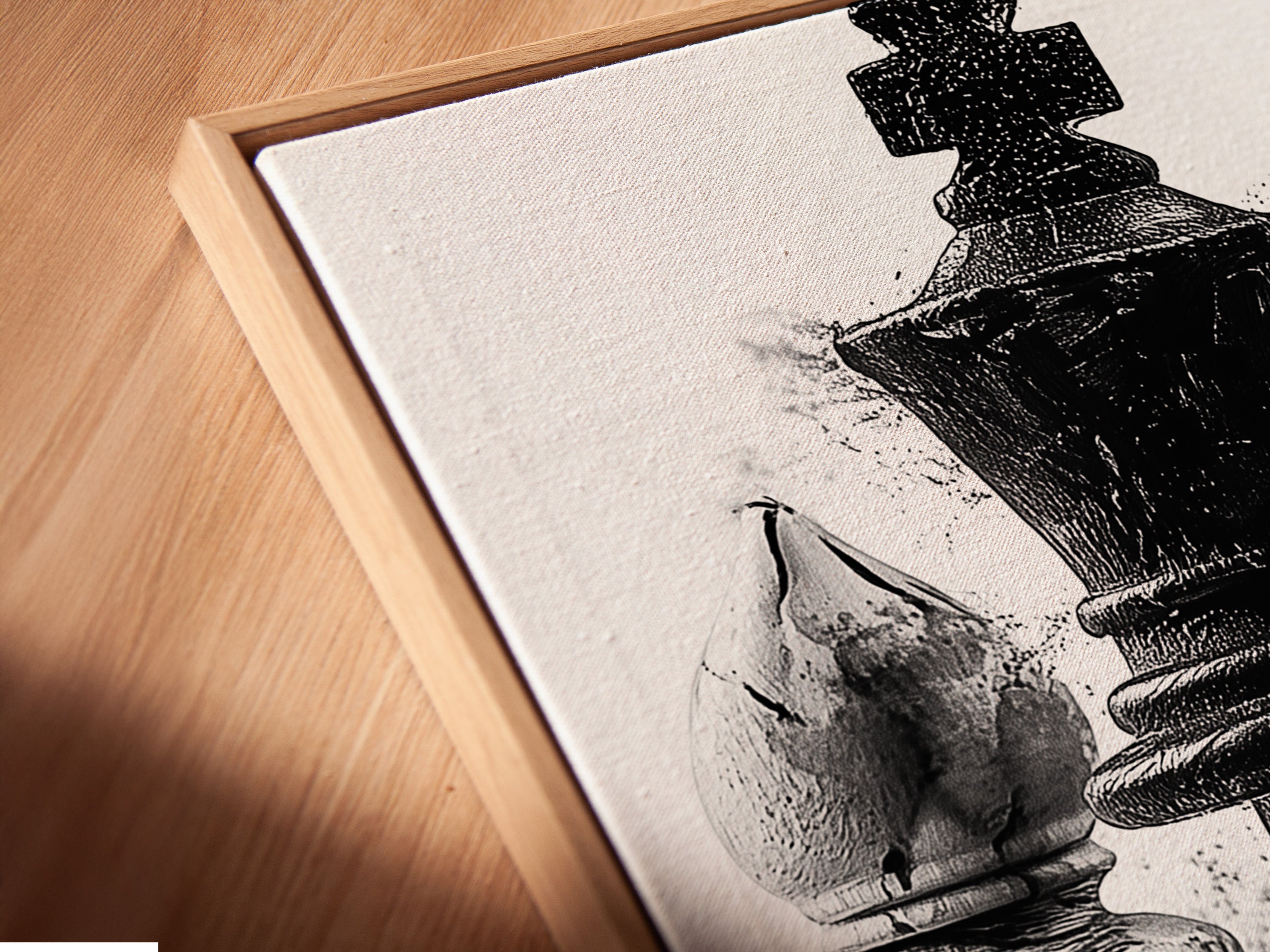 A close-up angled view of a canvas print in a floating frame. The artwork displays intricate details. The frame adds depth and dimension. It is perfect for showcasing artwork. This is a modern and stylish way to display art. The floating frame enhances the artwork.