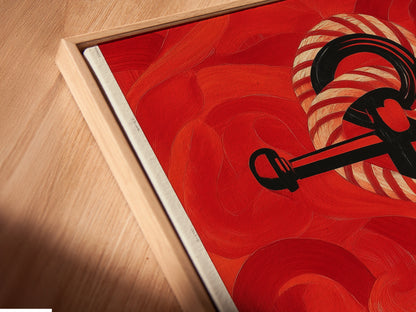 Close-up of a Nautical Anchor Art Print in a Floating Frame. The red ocean canvas stands out. It is perfect for maritime decor. This sailor gift offers a modern touch. The vintage anchor artwork is beautifully displayed. Enhance your beach house art with this piece.