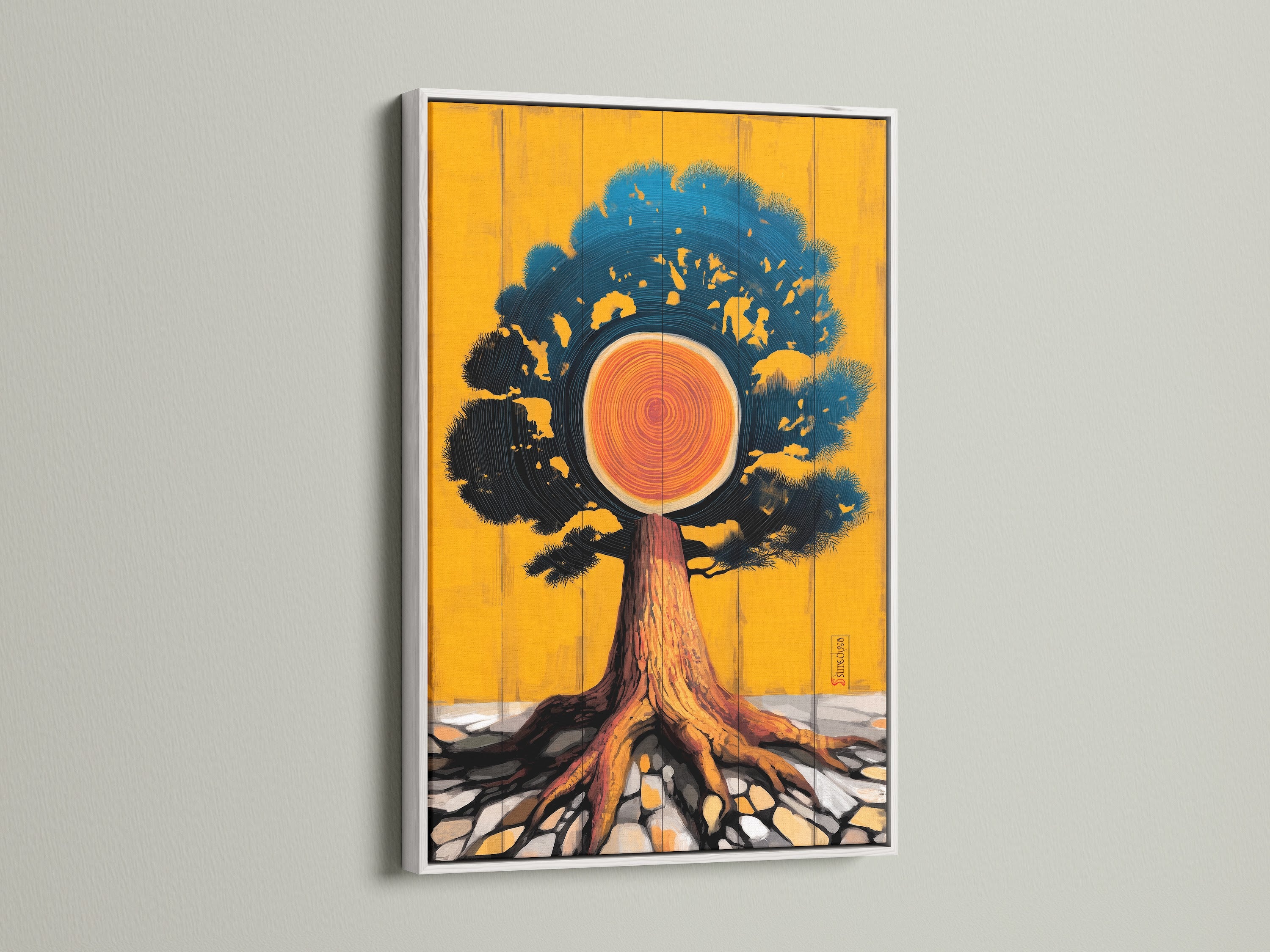 Tree of Life artwork with a white frame. The white frame enhances the vibrant orange and teal decor. This abstract nature art complements contemporary styles. A perfect piece of spiritual wall art for home or office decor.