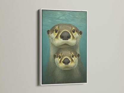This adorable otter family artwork is framed in white. Ideal for nursery art this animal canvas brings a coastal touch with its teal blue hues. Perfect for kids wall art and adding a whimsical feel to any room.
