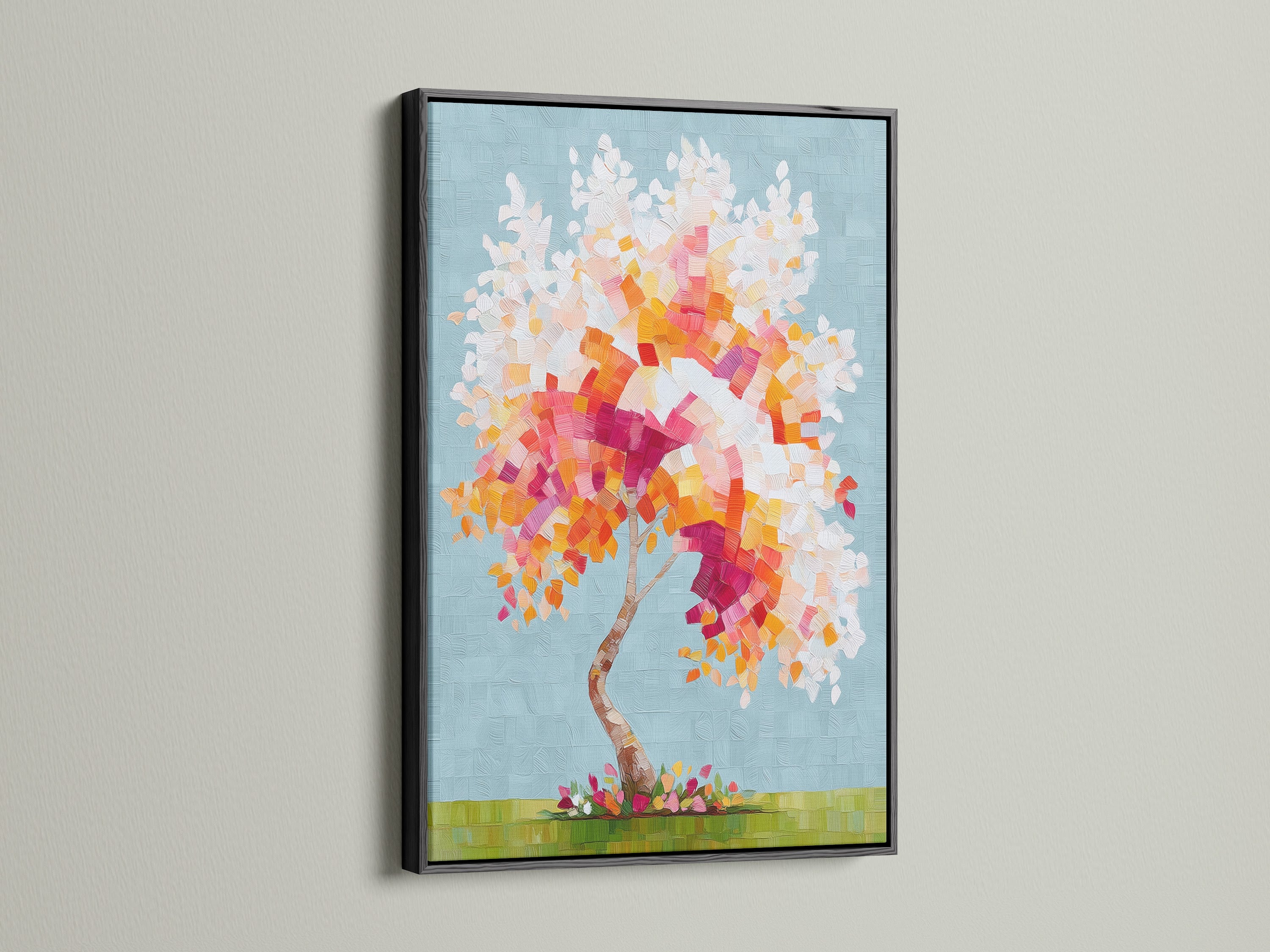 The black frame enhances this colorful tree artwork. This mosaic wall art is a contemporary piece. It is perfect for eclectic aesthetics. The abstract tree print adds a touch of nature to your living room. The rainbow tree art is vibrant and eye-catching.