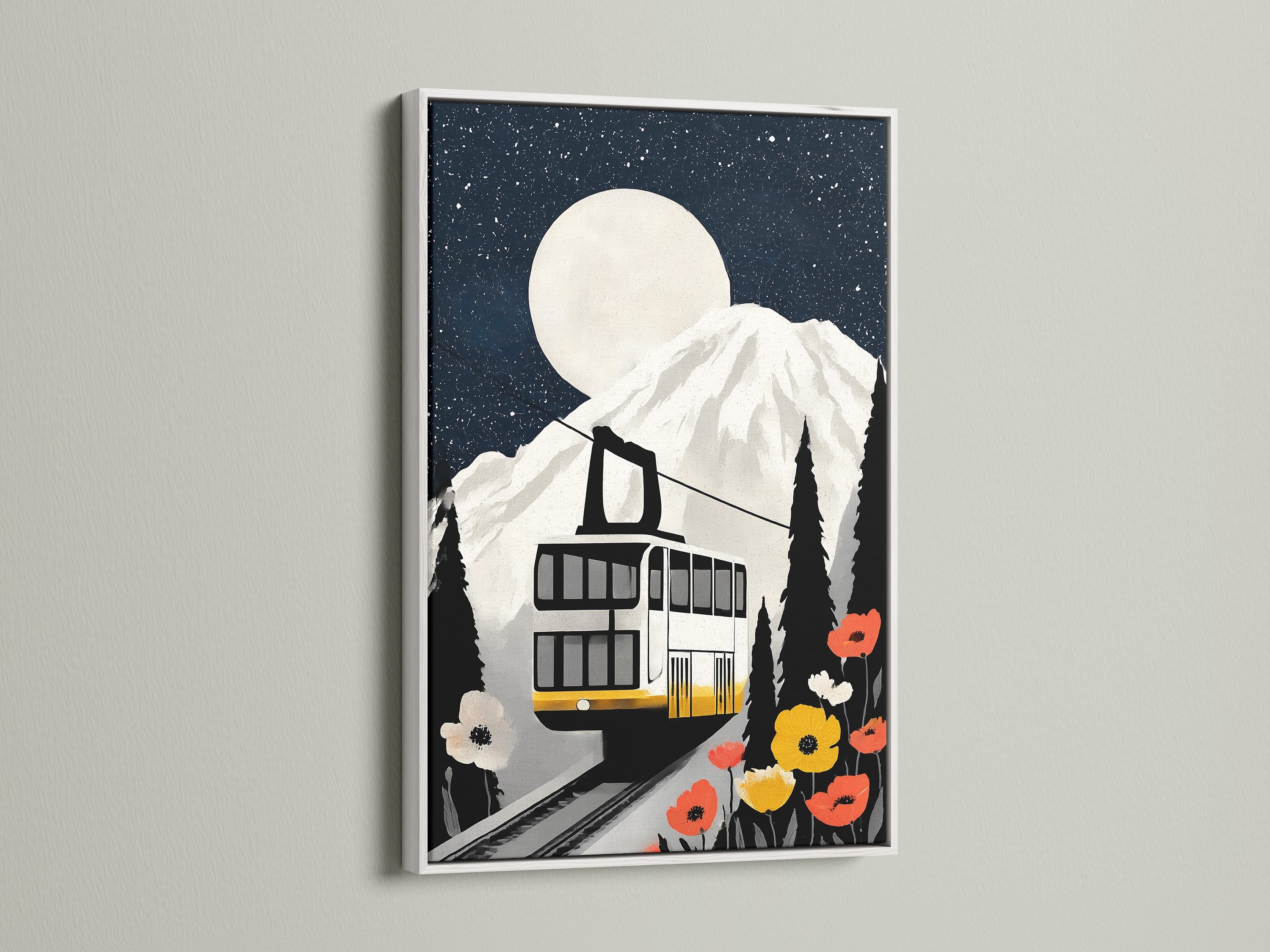 Mountain Railway vintage cable car art is framed in white. The canvas wall art adds alpine charm to your space. It is ideal for homeowners renters interior designers and business owners. This is lodge-style decor.