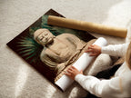 A woman carefully rolls fine art poster paper featuring vintage Buddha artwork. This spiritual print is ready for framing or display. Perfect for zen decor and meditation spaces. Get your calming art today. Ideal for peace wall art.