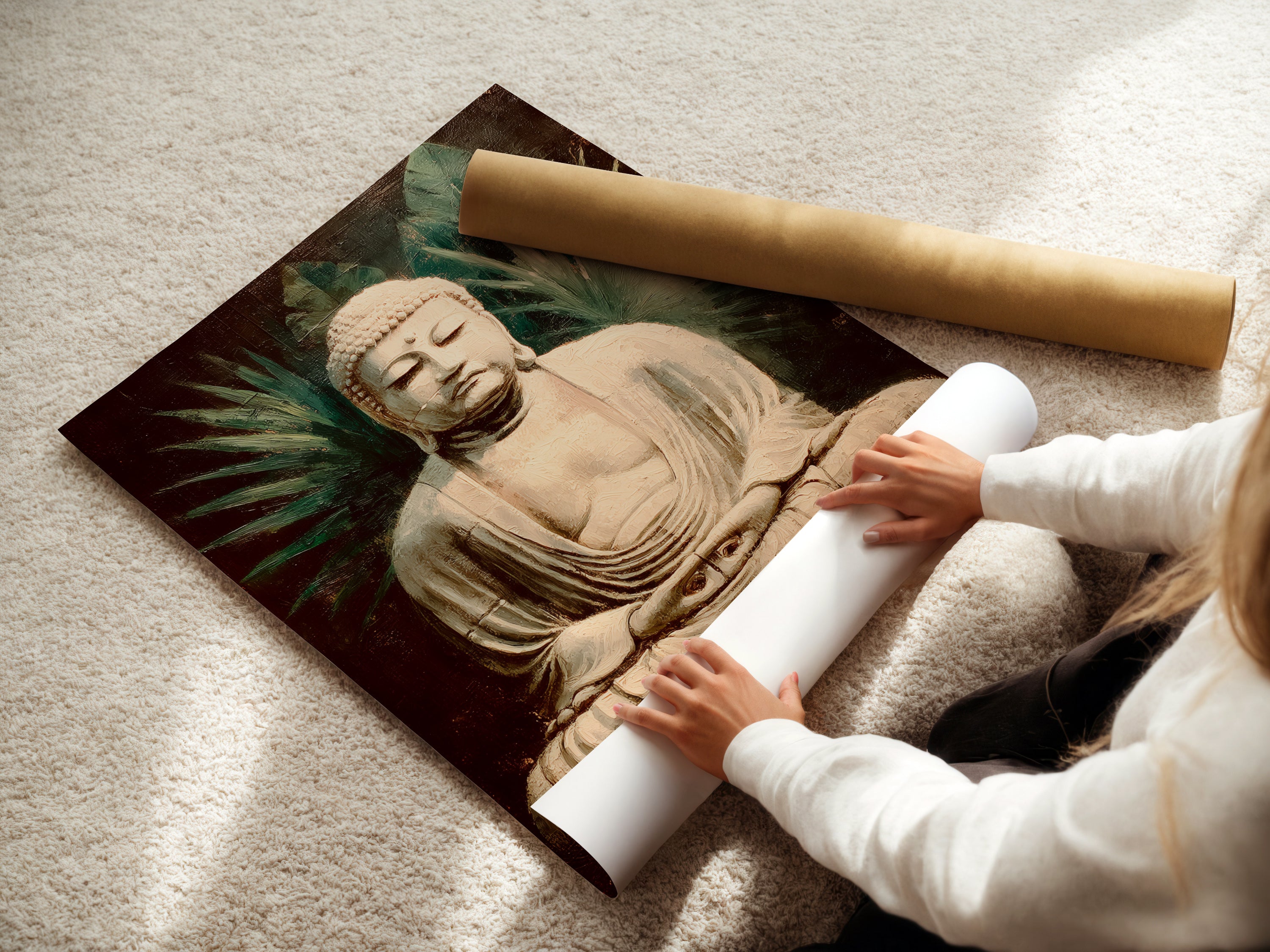 A woman carefully rolls fine art poster paper featuring vintage Buddha artwork. This spiritual print is ready for framing or display. Perfect for zen decor and meditation spaces. Get your calming art today. Ideal for peace wall art.