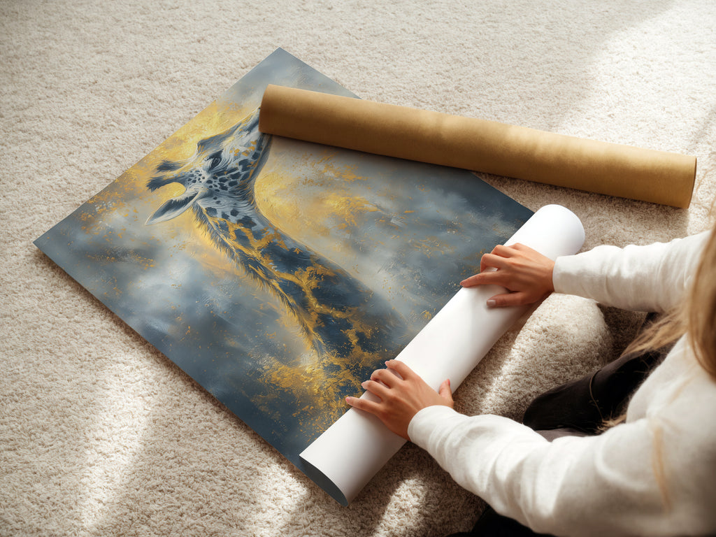 A woman is carefully rolling a fine art poster paper print. This giraffe artwork is available as a high-quality poster. The fine art paper ensures vibrant colors. Ideal for framing or displaying as is.
