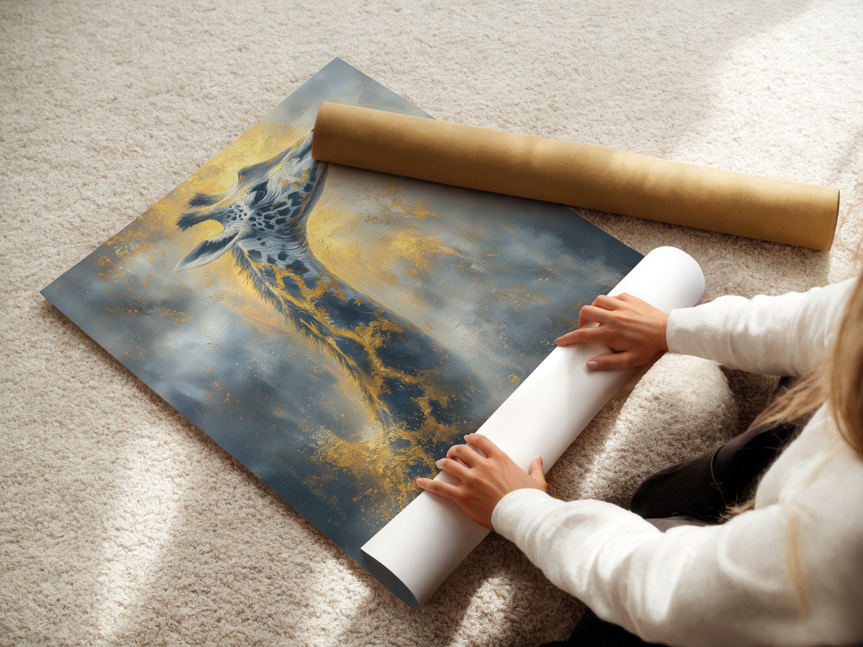 A woman is carefully rolling a fine art poster paper print. This giraffe artwork is available as a high-quality poster. The fine art paper ensures vibrant colors. Ideal for framing or displaying as is.