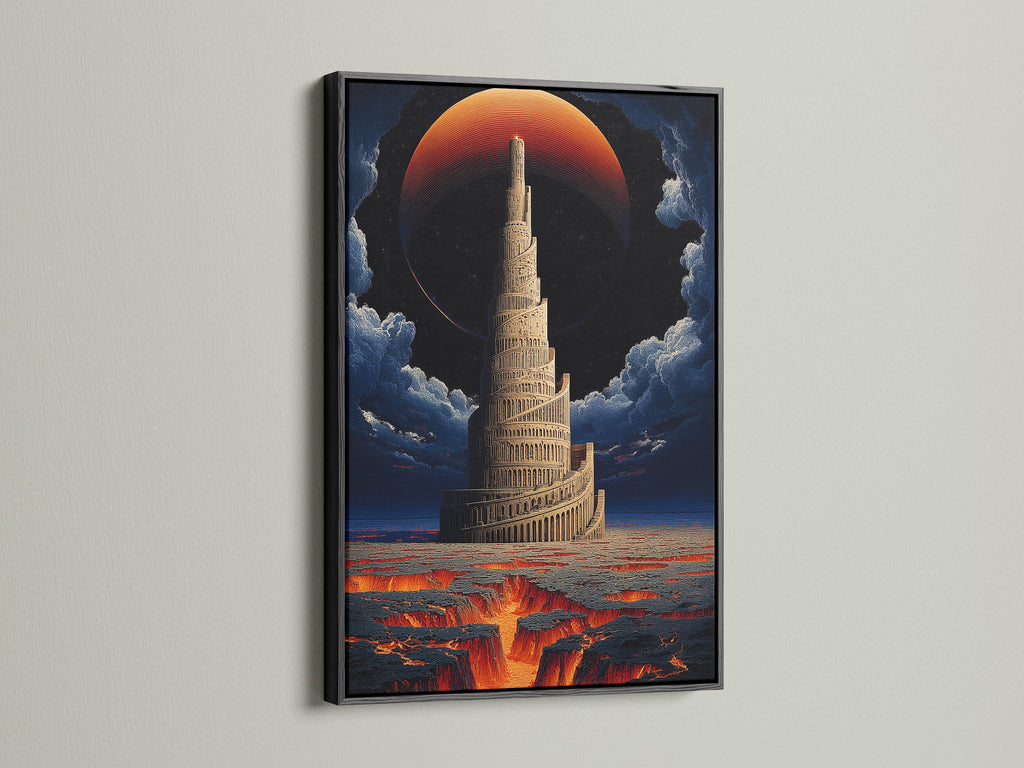 This Tower of Babel artwork is framed in black. The surreal fantasy wall art adds a bold statement to your decor. Ideal for office wall decor this piece features a dramatic sky. The black frame accentuates its gothic style.