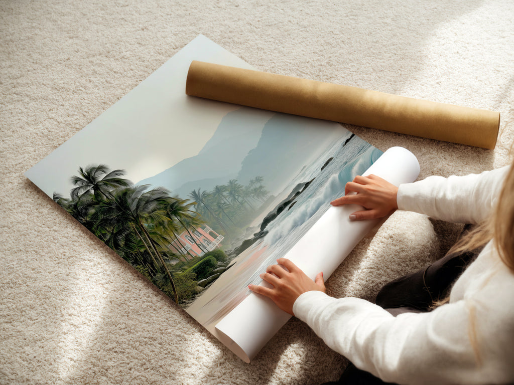 A woman is carefully rolling a fine art poster paper. This poster features a tropical beach scene. The artwork includes pink sand and coastal scenery. Ideal for creating vacation home decor.