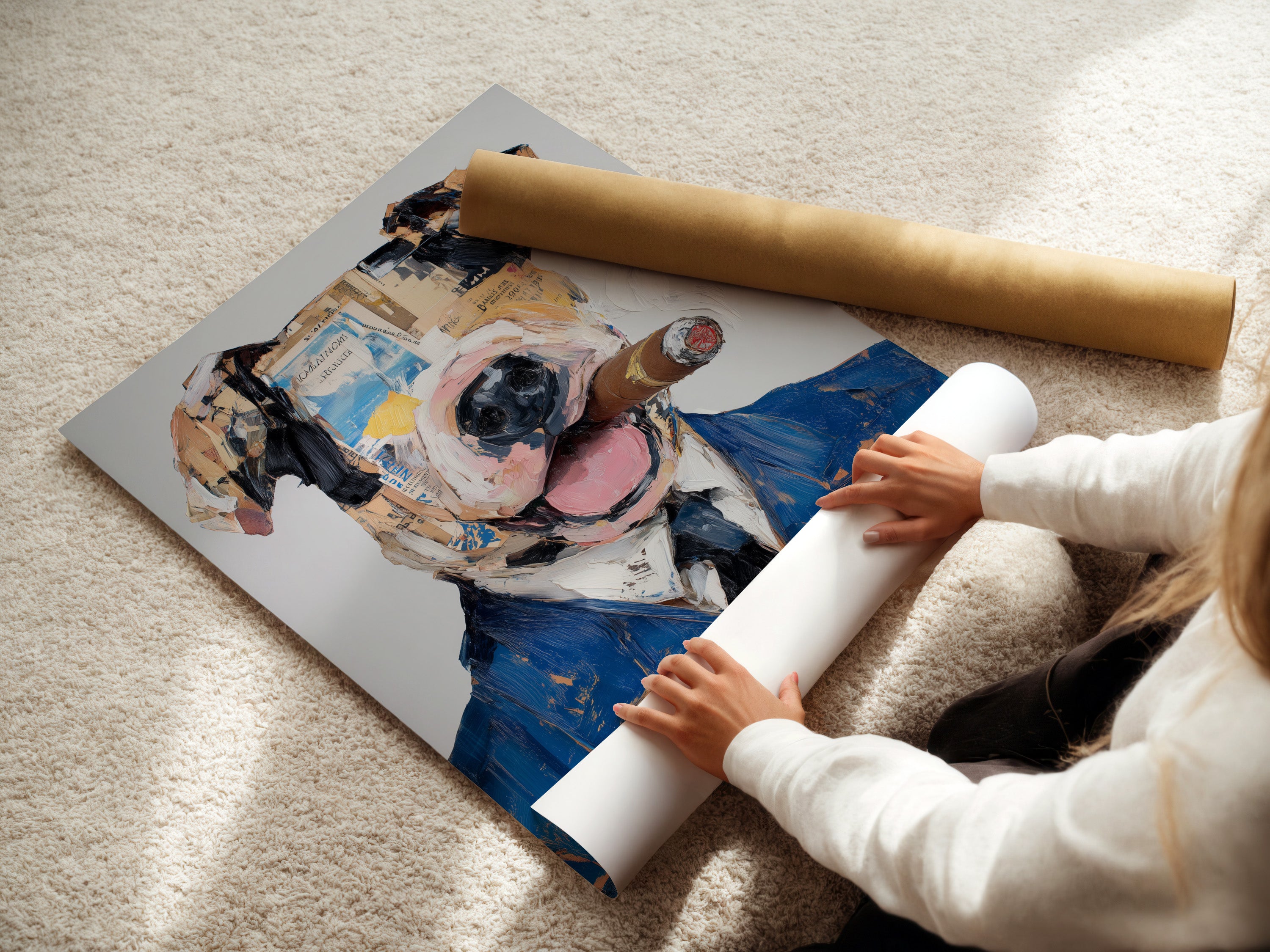 A woman carefully rolling a fine art poster paper. Preparing a dog portrait art piece for display. The mixed media collage is handled with care. Ensuring the animal wall art is perfect. This is a great gift for dog lovers and art collectors.
