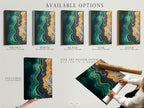 Available options for the abstract ocean artwork. Choose from a stretched canvas print a fine art poster paper or a floating frame. Customize your artwork to match your style. Explore the possibilities for your emerald green art.