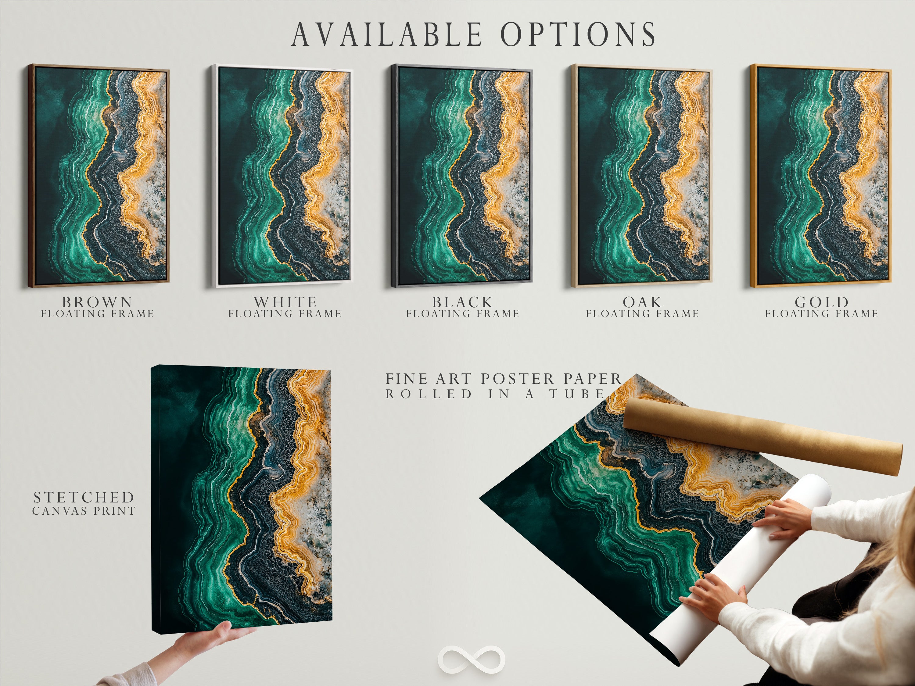 Available options for the abstract ocean artwork. Choose from a stretched canvas print a fine art poster paper or a floating frame. Customize your artwork to match your style. Explore the possibilities for your emerald green art.