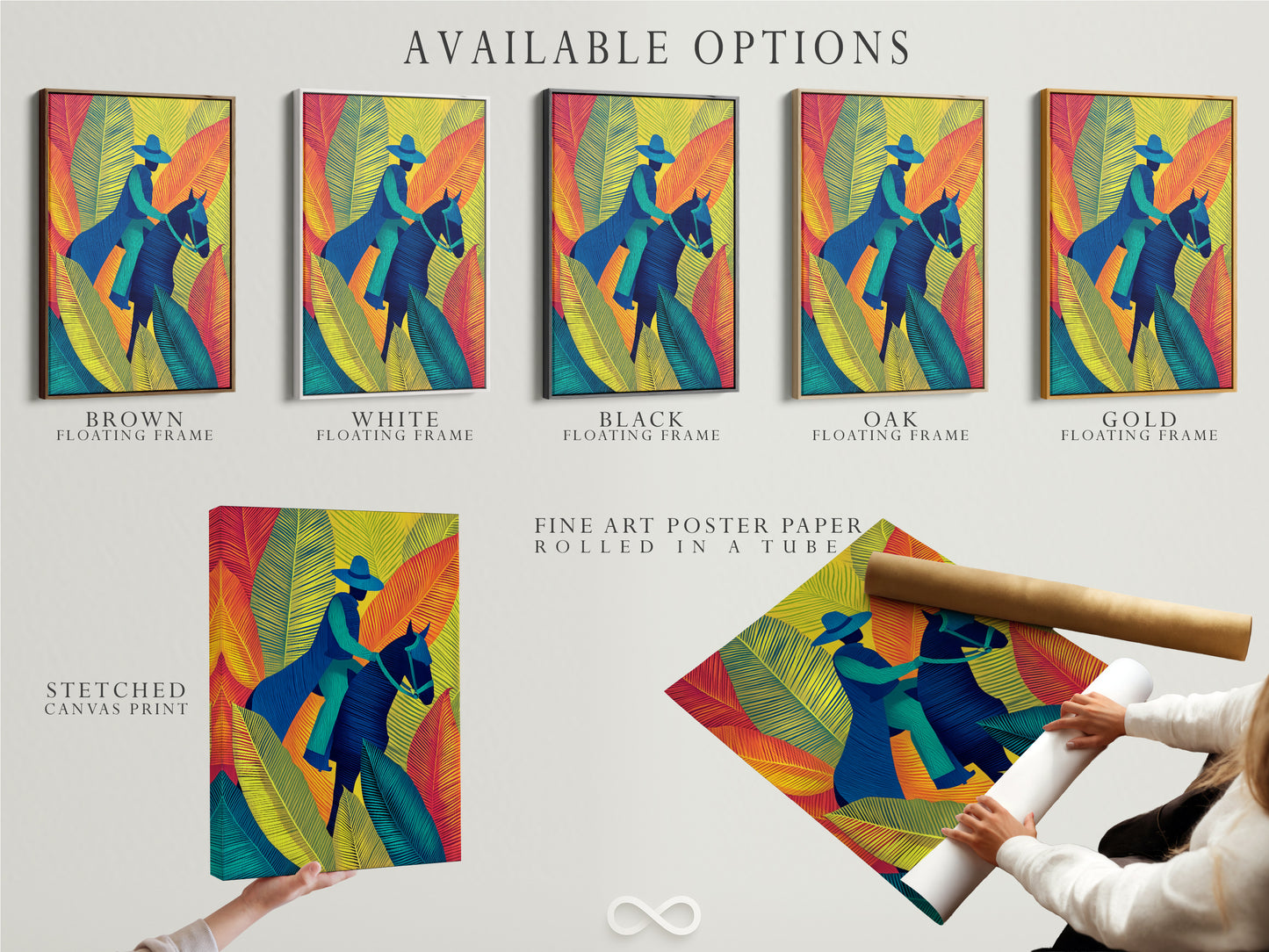 Explore available options for this equestrian canvas print. Choose between a stretched canvas print or fine art poster paper. Opt for a stylish floating frame. Personalize your art today.