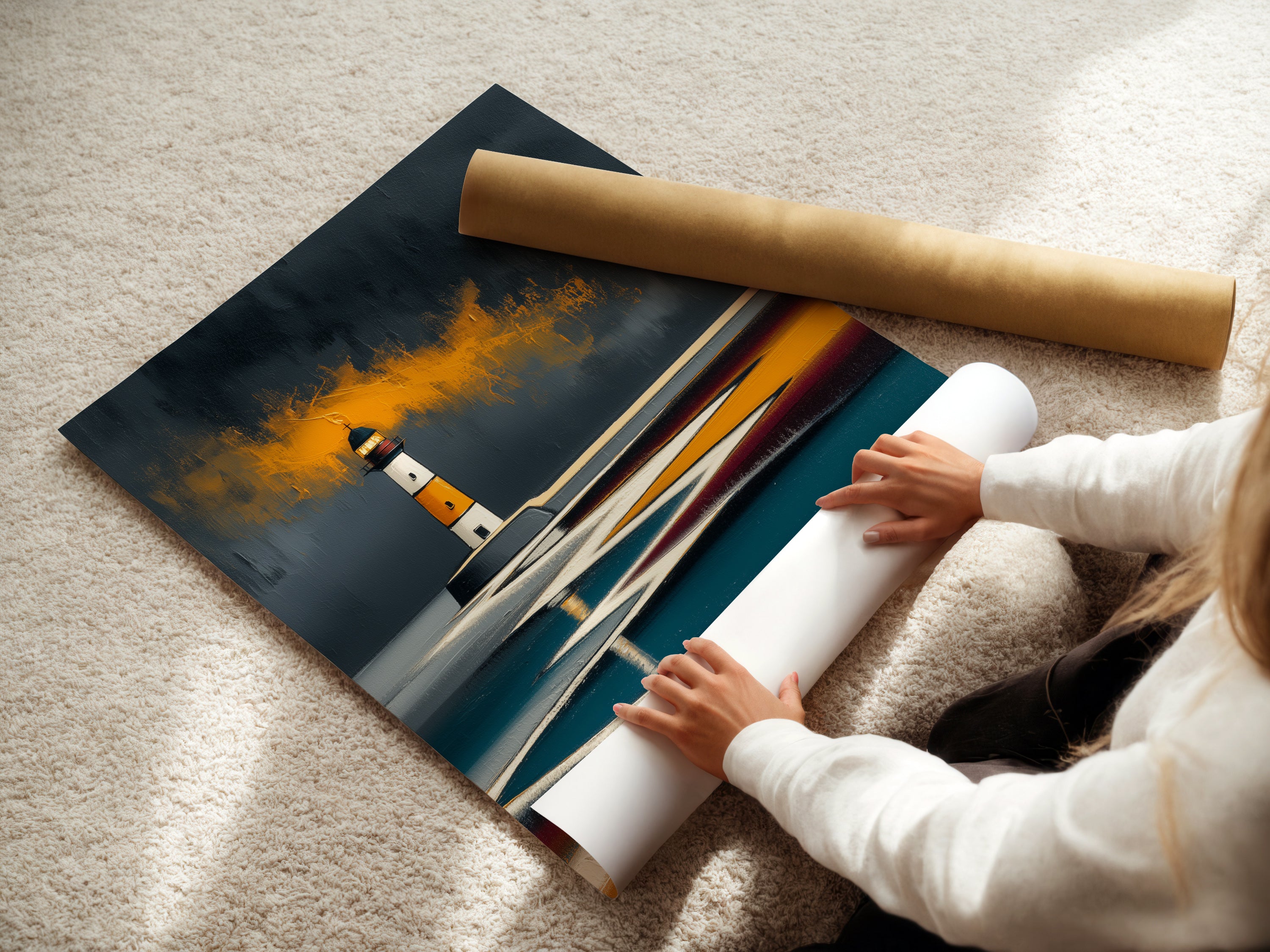 A woman carefully rolling a Lighthouse coastal art poster. The fine art paper ensures a high-quality print. This abstract nautical artwork is perfect for modern wall decor. Bring the calming ocean view to your space with this beautiful artwork.