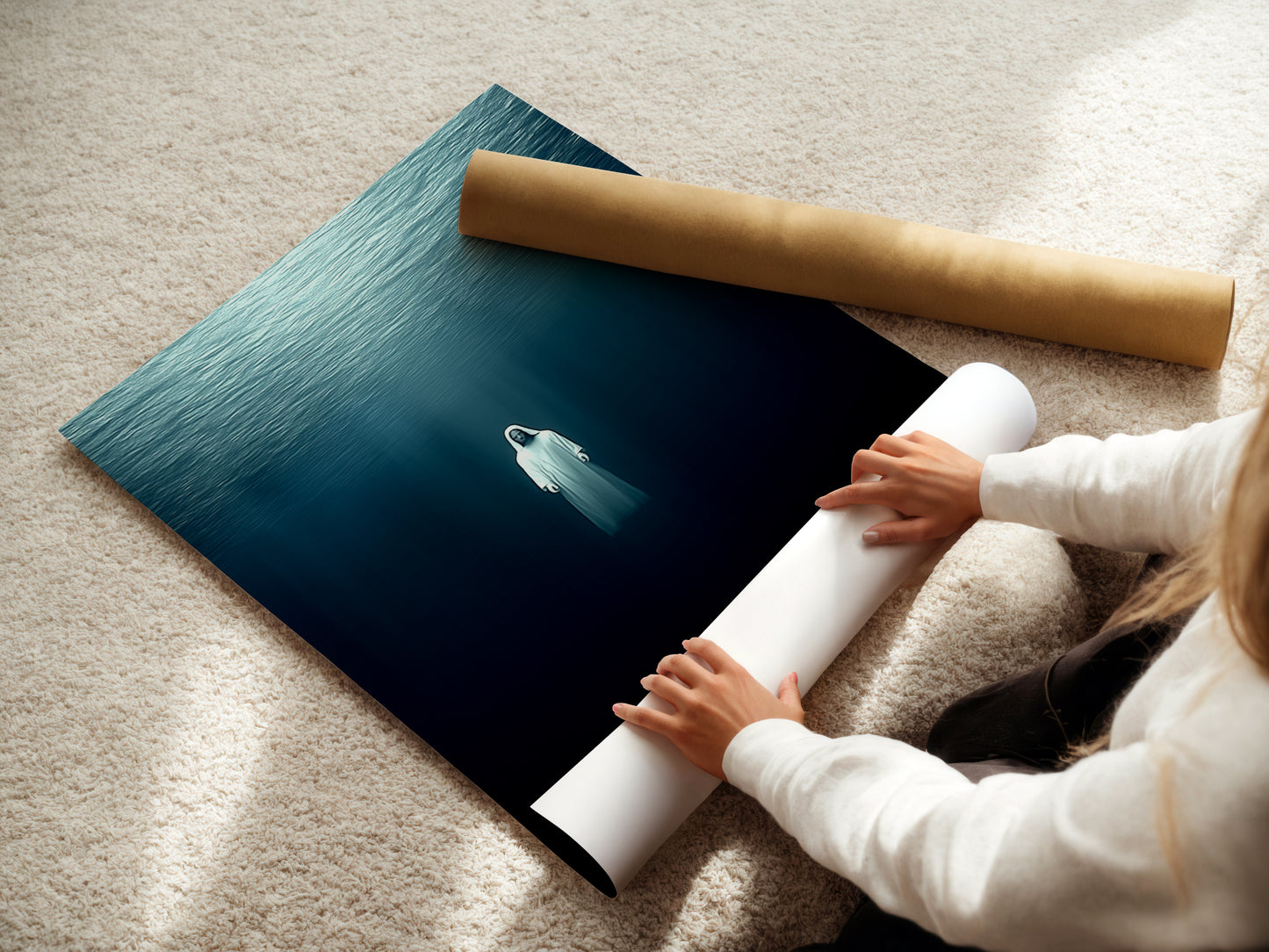 A woman is carefully rolling a fine art poster paper. The poster features underwater figure artwork. This ethereal piece brings a calming vibe. Perfect for modern homes seeking spiritual decor. The fine art poster is ideal for minimalist or coastal styles.
