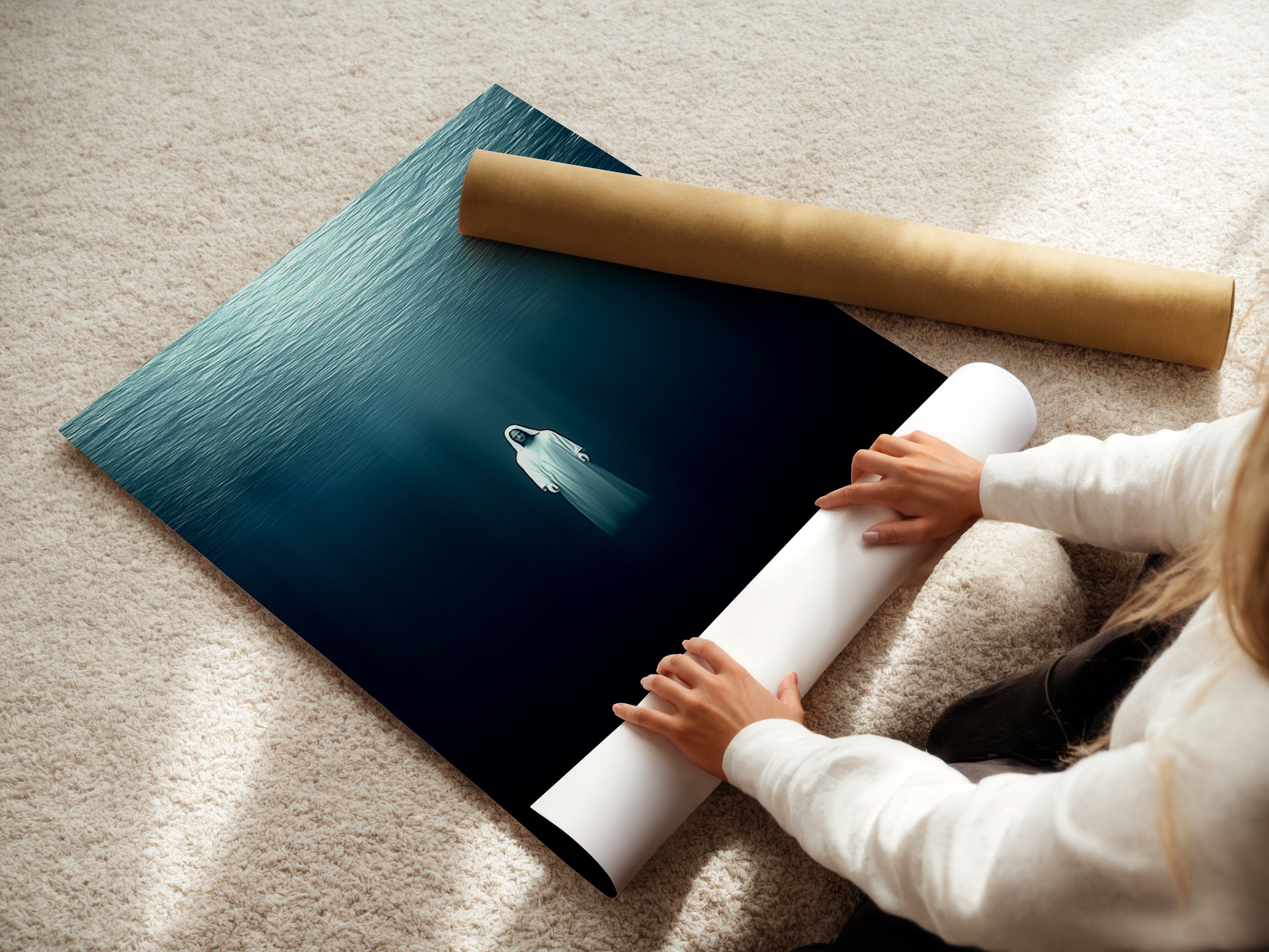 A woman is carefully rolling a fine art poster paper. The poster features underwater figure artwork. This ethereal piece brings a calming vibe. Perfect for modern homes seeking spiritual decor. The fine art poster is ideal for minimalist or coastal styles.