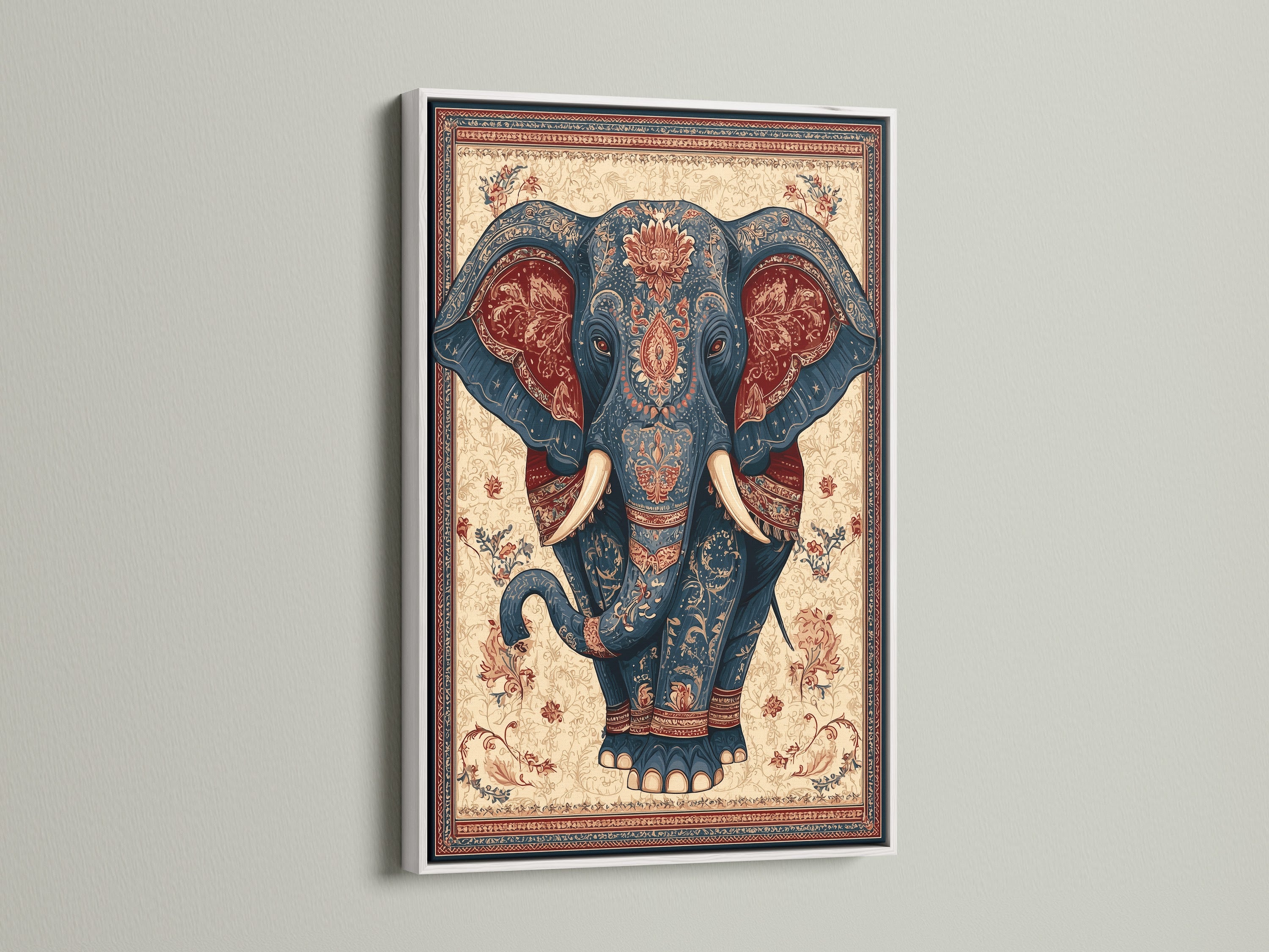 A white frame holds an elephant artwork. The white frame provides a clean and modern look. It allows the artwork to stand out. The frame blends seamlessly with any decor. This minimalist frame enhances any artwork. Discover how a white frame can brighten your home.