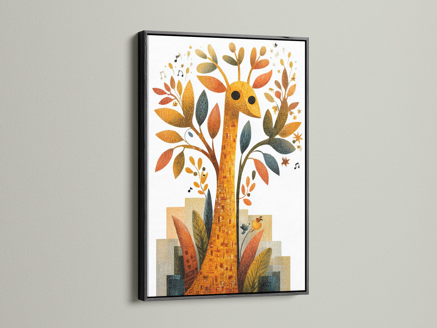 Add a touch of modern with a black frame. The black frame provides a sleek and stylish border. The giraffe art print is beautifully framed. This classic choice complements any art style.