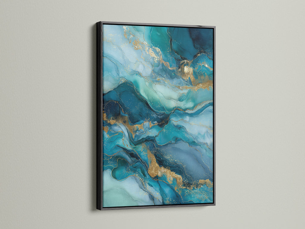 This striking abstract ocean artwork is framed in black. The teal and gold colors pop creating a bold statement. This modern canvas print adds sophistication to any room. Ideal for coastal tropical or eclectic decor bringing elegance and style.