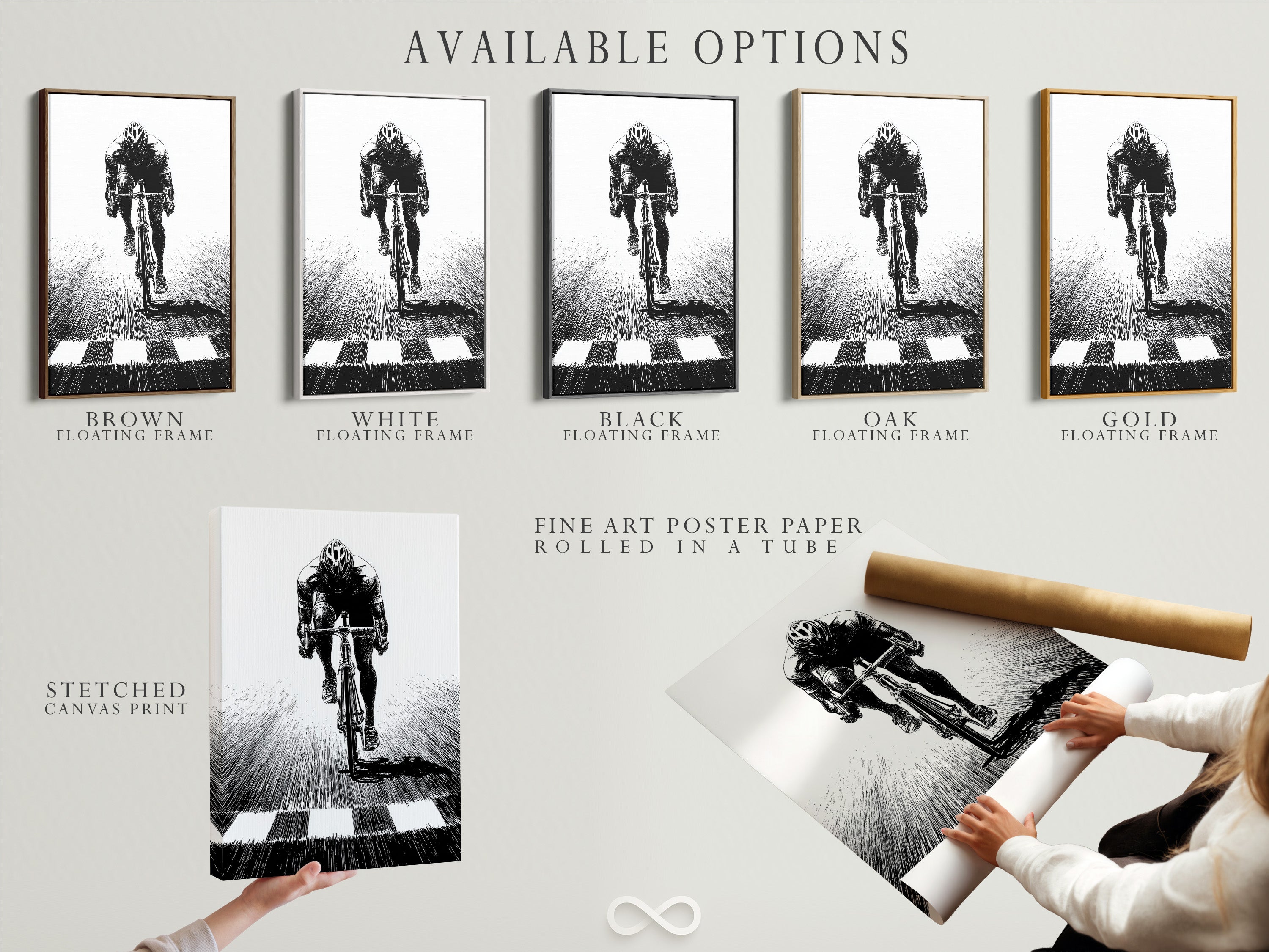 Available options for cycling art. Choose between a stretched canvas print fine art poster paper and floating frame. Customize your artwork to fit your style. These options are perfect for sports enthusiasts. Create a unique piece of sports wall decor.