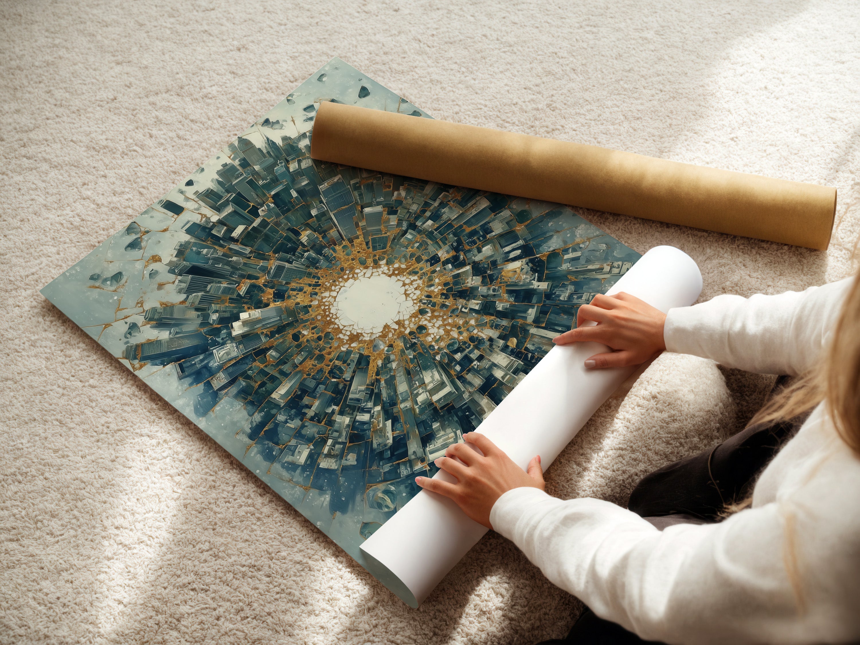 A woman is carefully rolling a fine art poster paper. This ensures the abstract cityscape artwork remains pristine. The urban skyline tunnel art is ready for framing. The modern blue and gold print is perfect for wall decor. High-quality materials are used for a lasting piece.