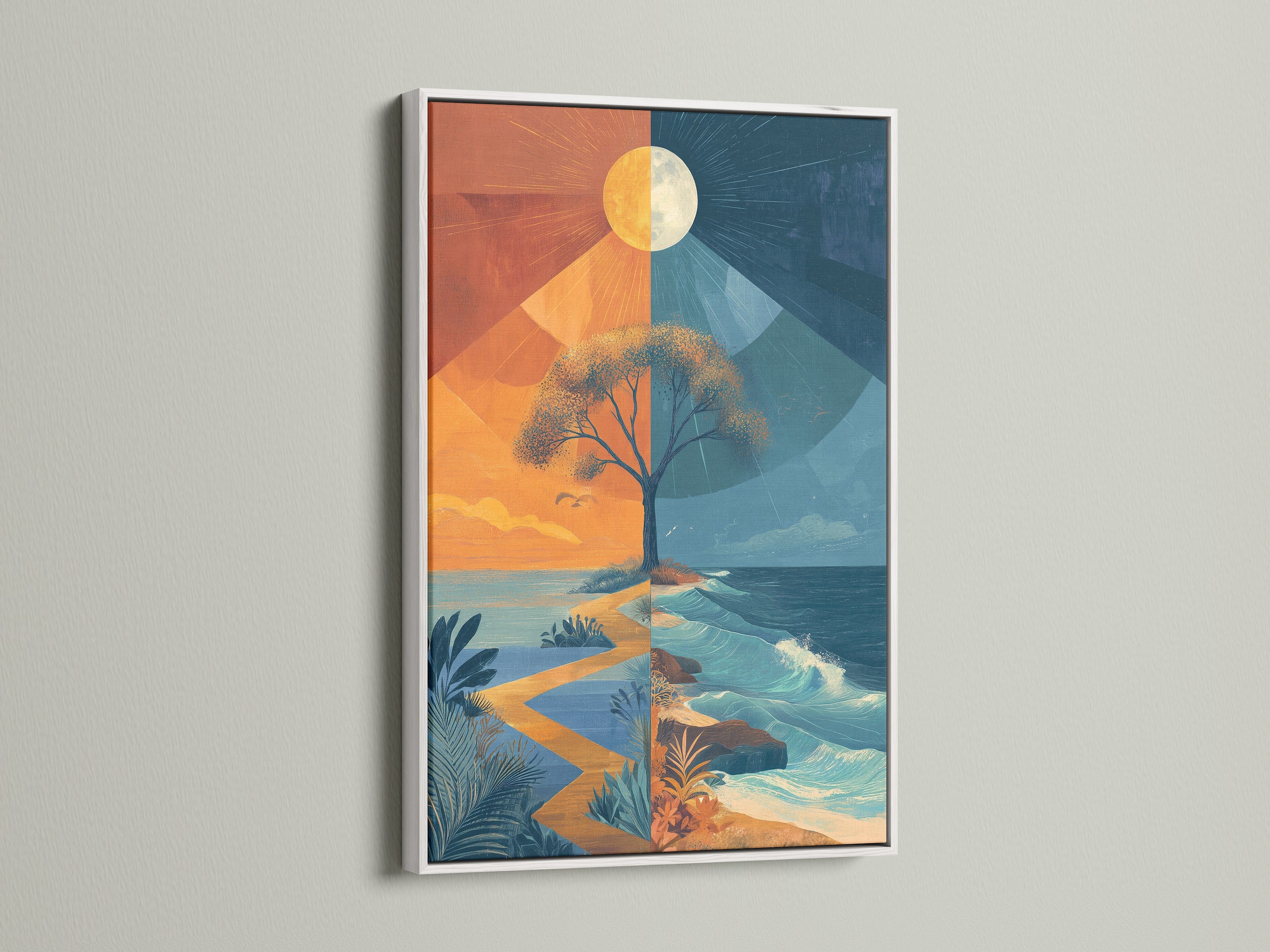 Modern wall art featuring a surreal tree is presented in a white frame. The orange and blue abstract artwork adds a contemporary touch. It's a canvas print suitable for minimalist or coastal interiors. Ideal for living rooms or offices.
