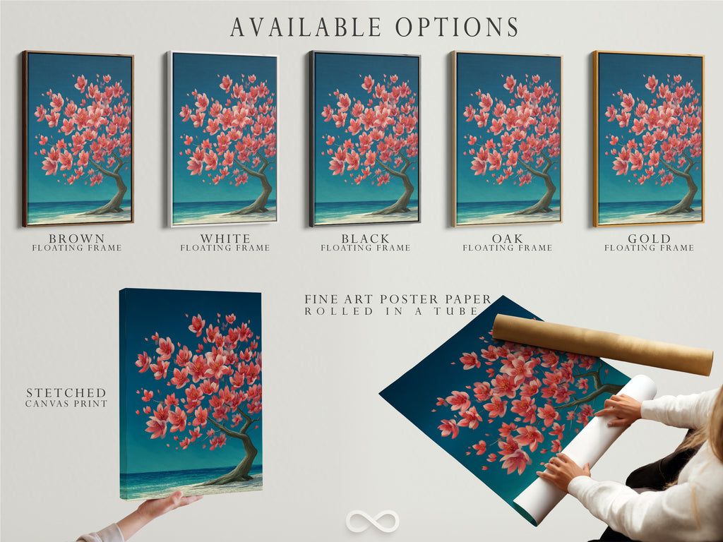 Explore available options for your cherry blossom tree artwork. Choose from a stretched canvas print fine art poster paper or floating frame. Each option enhances the artwork’s coral pink and teal tones. Find your perfect style.