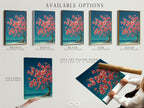 Explore available options for your cherry blossom tree artwork. Choose from a stretched canvas print fine art poster paper or floating frame. Each option enhances the artwork’s coral pink and teal tones. Find your perfect style.