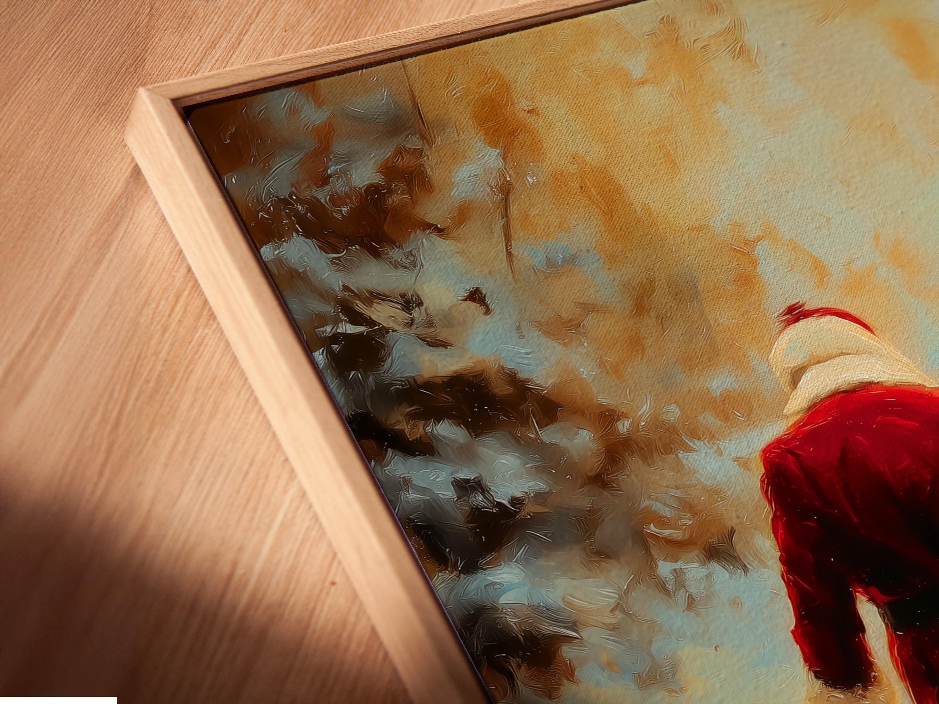 Get a close-up look at our canvas print in a floating frame. This winter couple artwork is perfect for any room. The floating frame adds depth. Explore our festive wall decor options.