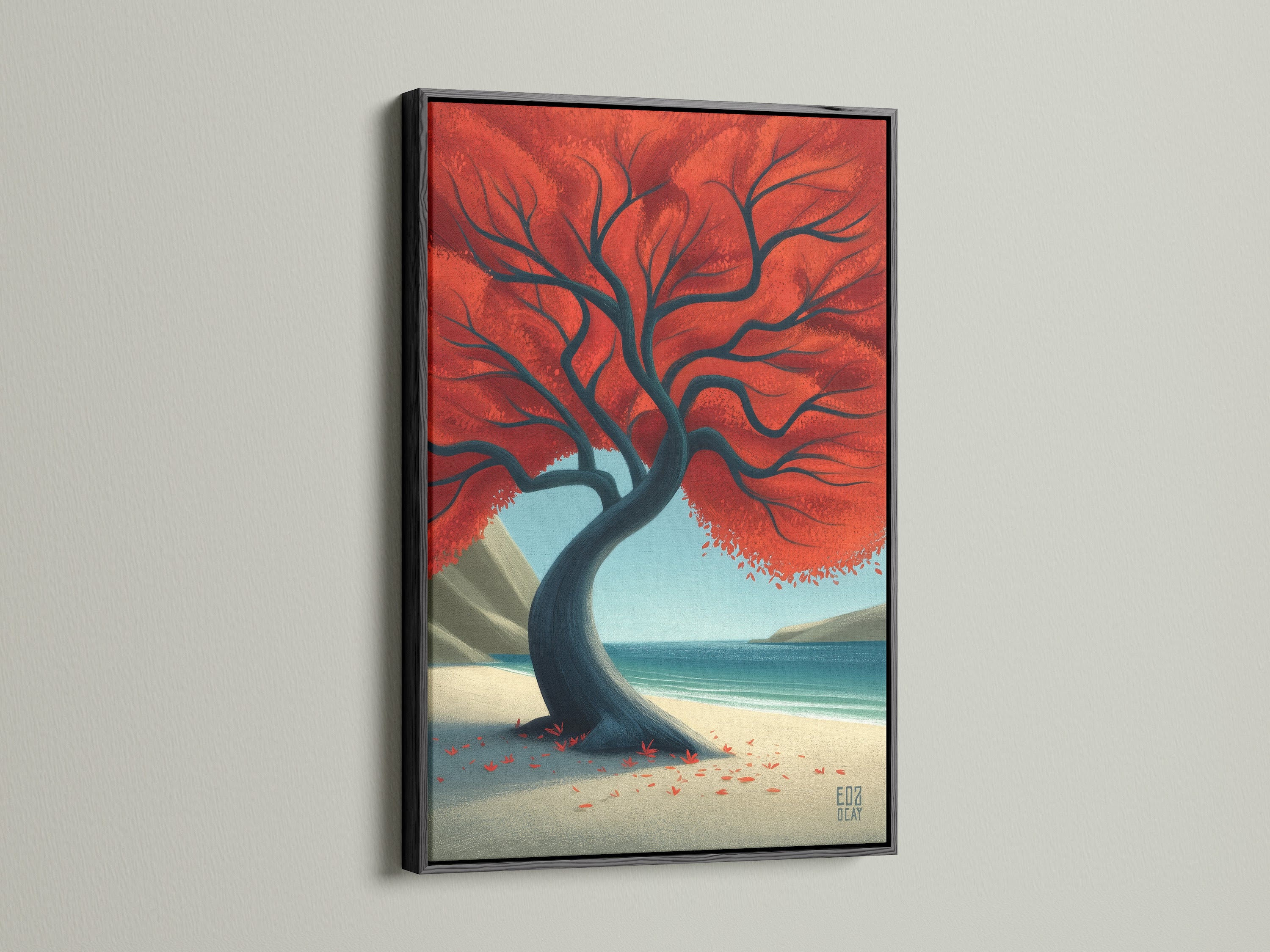See the Red Tree coastal landscape artwork in a black frame. The black frame creates a bold and striking contrast. It makes the colors of the art pop. This beach scene artwork adds a touch of sophistication to your decor.