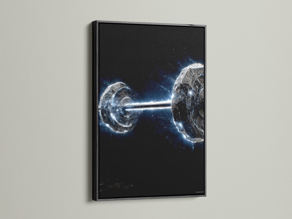 This is a black frame Cosmic Collision space art. The canvas print adds a dramatic touch. The galaxy astronomy artwork creates a modern focal point. Suitable for contemporary home office or studio spaces. Transform your wall with cosmic elegance.