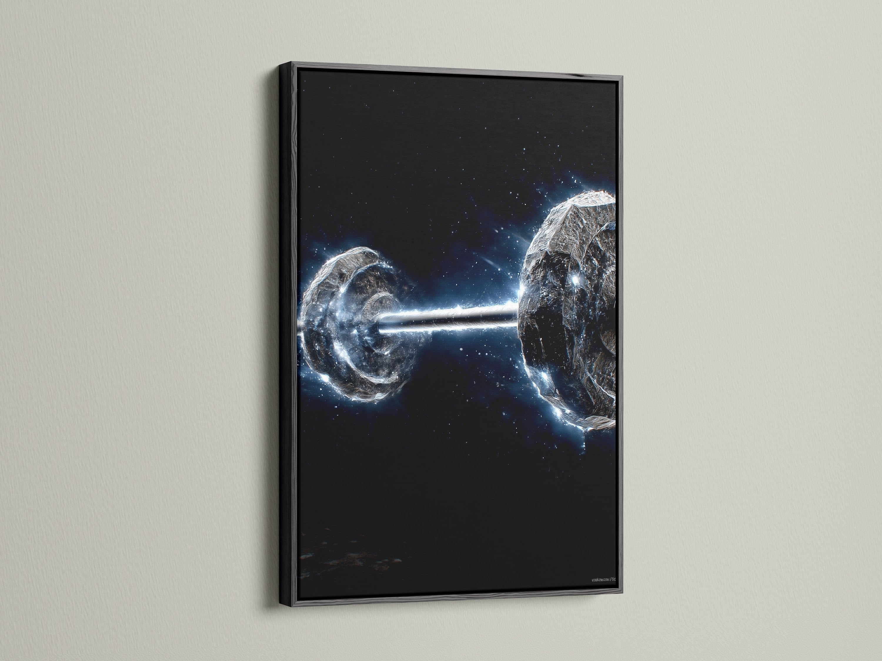 This is a black frame Cosmic Collision space art. The canvas print adds a dramatic touch. The galaxy astronomy artwork creates a modern focal point. Suitable for contemporary home office or studio spaces. Transform your wall with cosmic elegance.