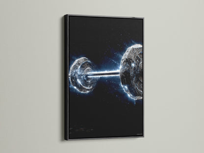 This is a black frame Cosmic Collision space art. The canvas print adds a dramatic touch. The galaxy astronomy artwork creates a modern focal point. Suitable for contemporary home office or studio spaces. Transform your wall with cosmic elegance.