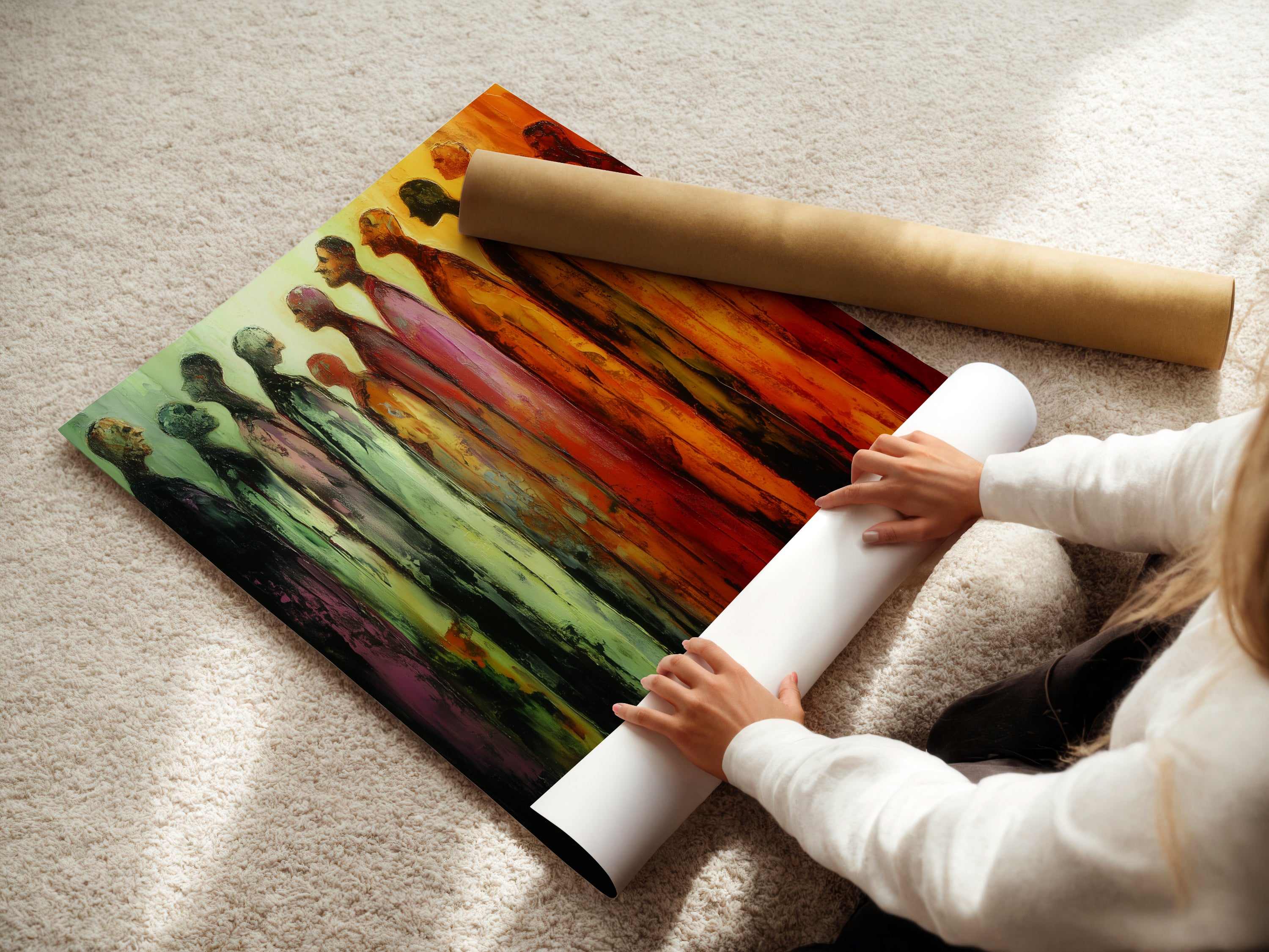 A woman carefully rolls a fine art poster paper. This is for a figures artwork print. Get your own abstract people wall art. The paper ensures a high-quality print. It is ready to be framed and displayed. Perfect for art enthusiasts.