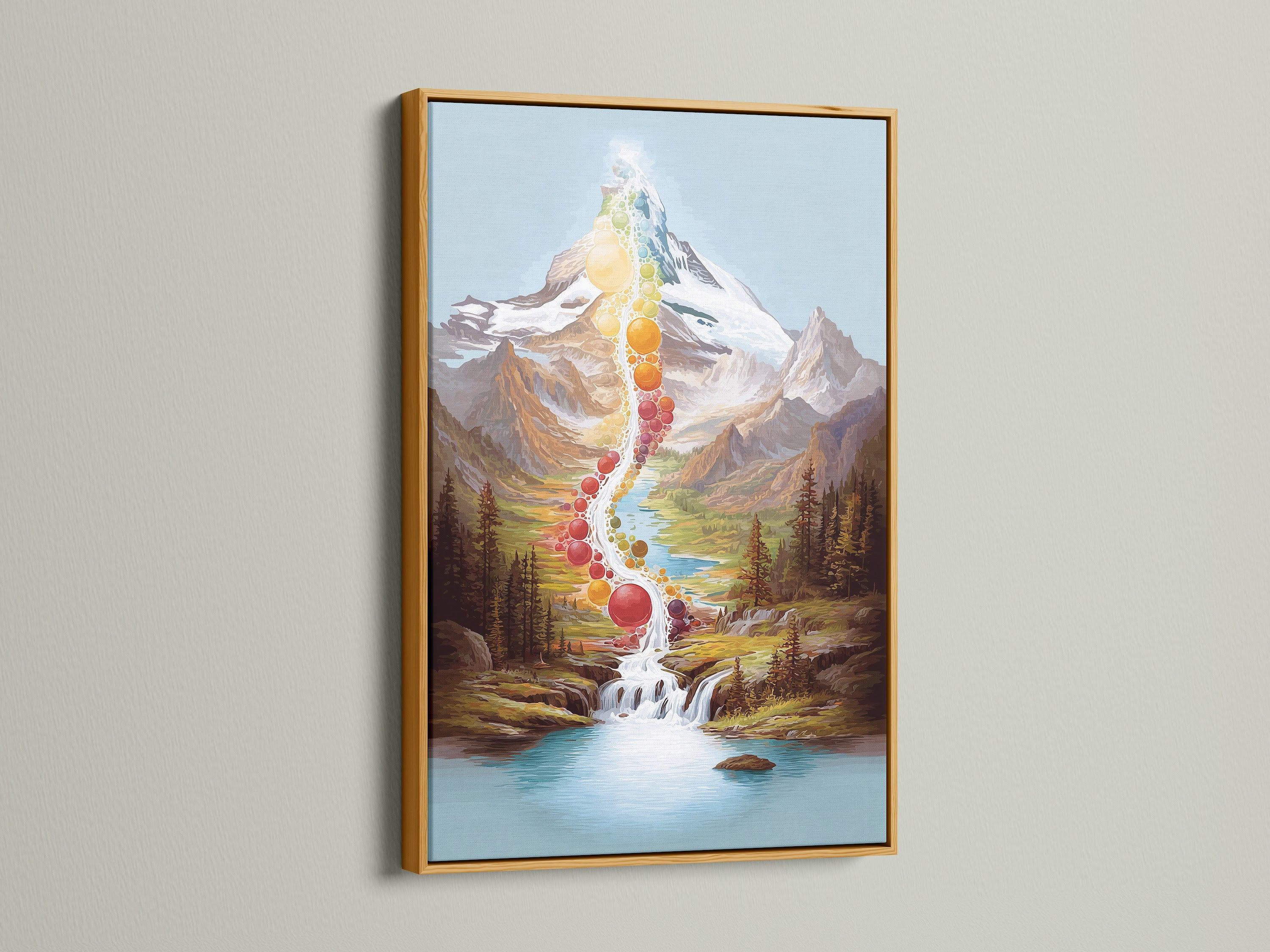 Elevate your space with this gold framed Chakra Mountain art print. The vibrant rainbow waterfall artwork brings energy and healing to any room. Ideal for meditation spaces and wellness centers. This spiritual decor adds a touch of elegance. A perfect mindfulness piece.