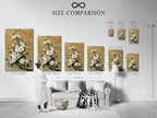 Size comparison chart displayed in an interior setting. See how different sizes of our vintage botanical art prints look in a room. Visualize the perfect fit for your space. Choose from stretched canvas prints fine art poster paper and floating frames.