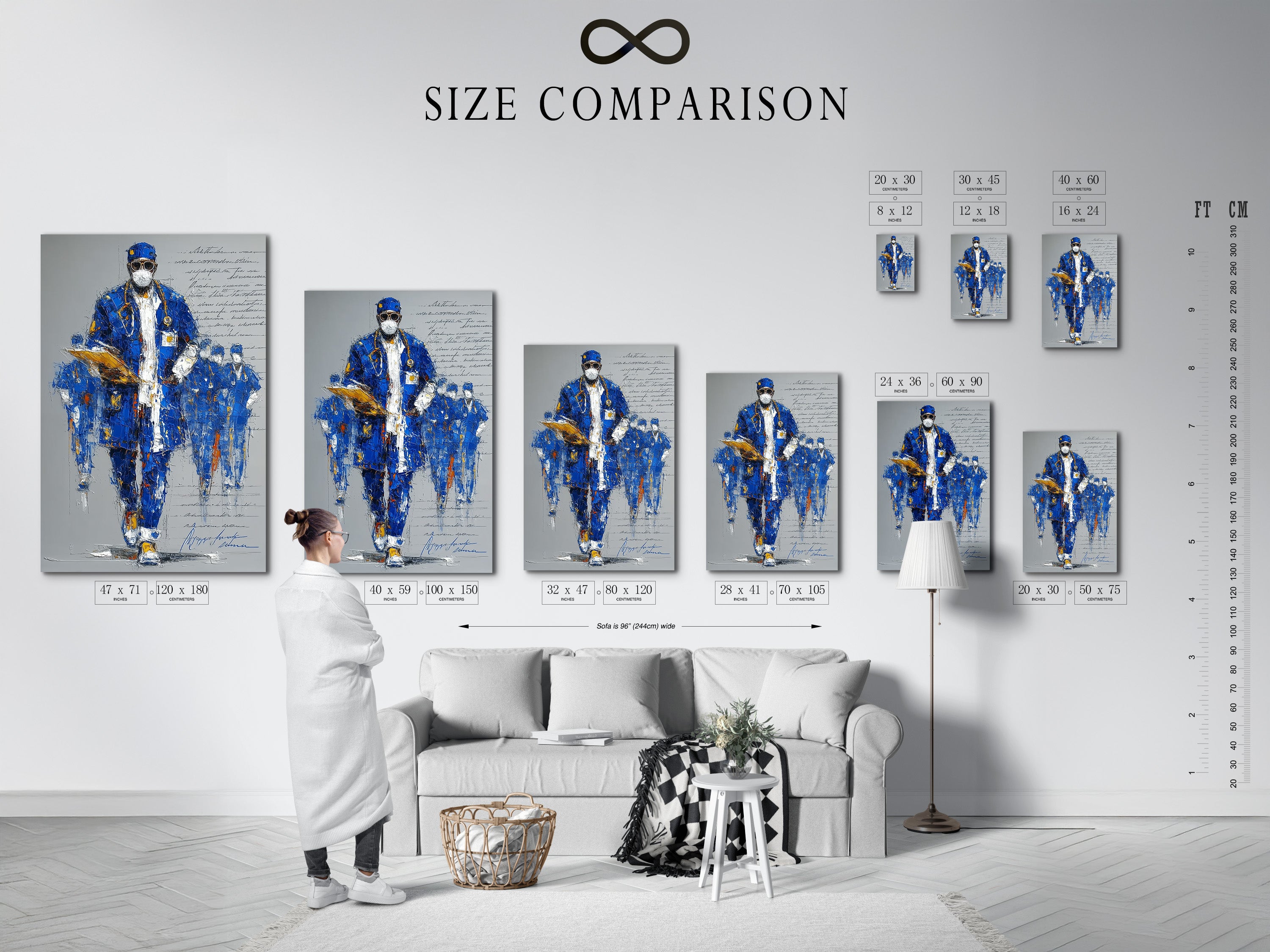 A size comparison chart is set in an interior. It provides a clear view of artwork dimensions. Choose the perfect size for your space. It is ideal for planning your medical office art or hospital wall decor.