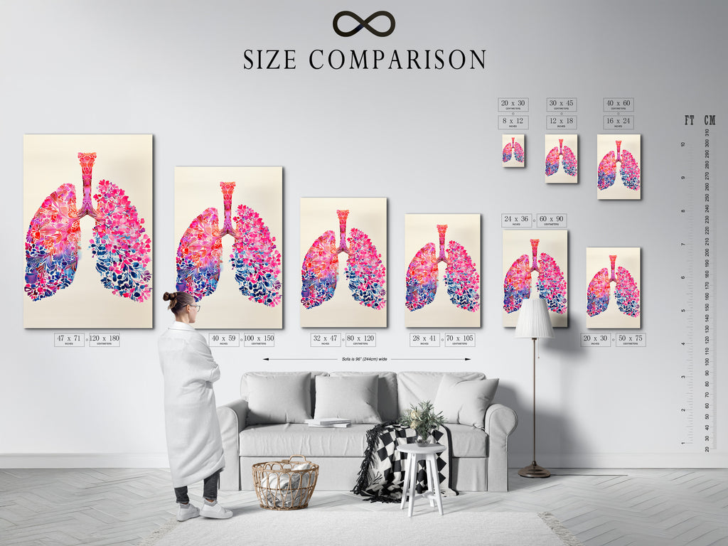 A size comparison chart displayed in an interior setting. This chart helps visualize different artwork sizes. It allows customers to choose the perfect dimensions to complement their space.