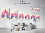 A size comparison chart displayed in an interior setting. This chart helps visualize different artwork sizes. It allows customers to choose the perfect dimensions to complement their space.