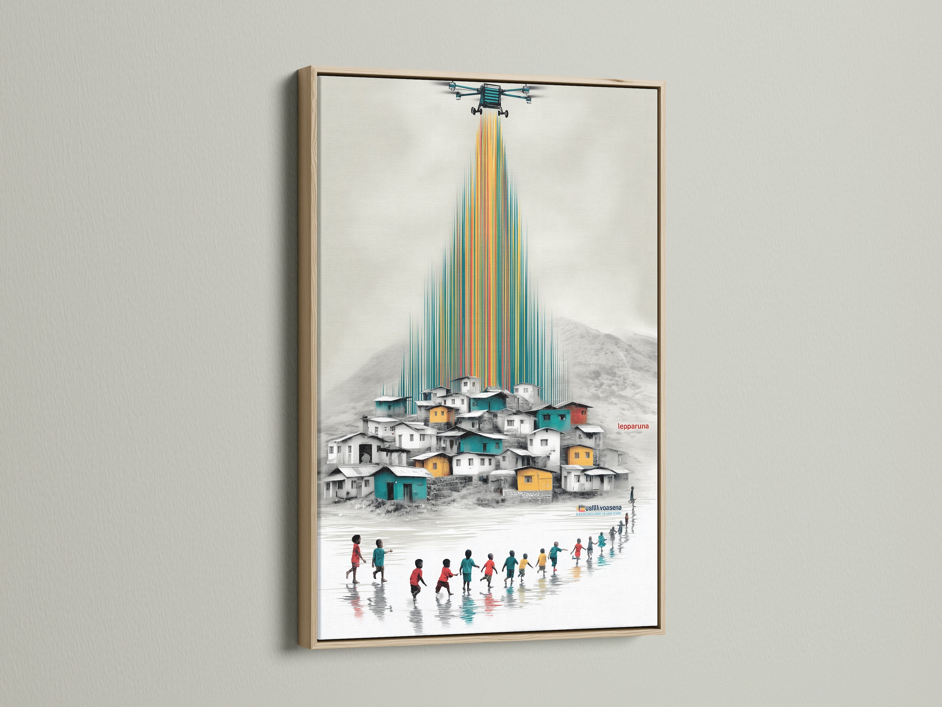 Global Children Canvas Artwork with an oak frame on a white wall. The artwork features a colorful village scene. Children are walking towards the village. This cultural art print is perfect for kids room decor. The village canvas adds a touch of travel themed art.