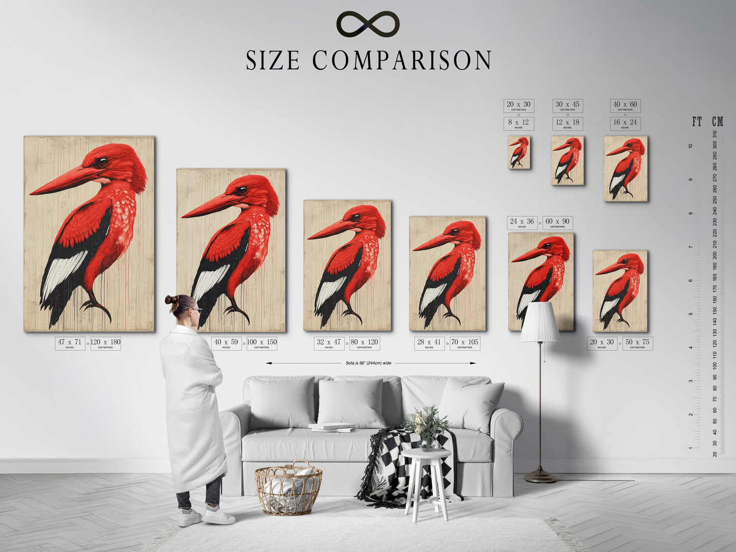 A size comparison chart is displayed in an interior setting. This chart helps you visualize the artwork's size in your space. Choose the perfect size for your art. It is ensuring it fits seamlessly into your home decor.