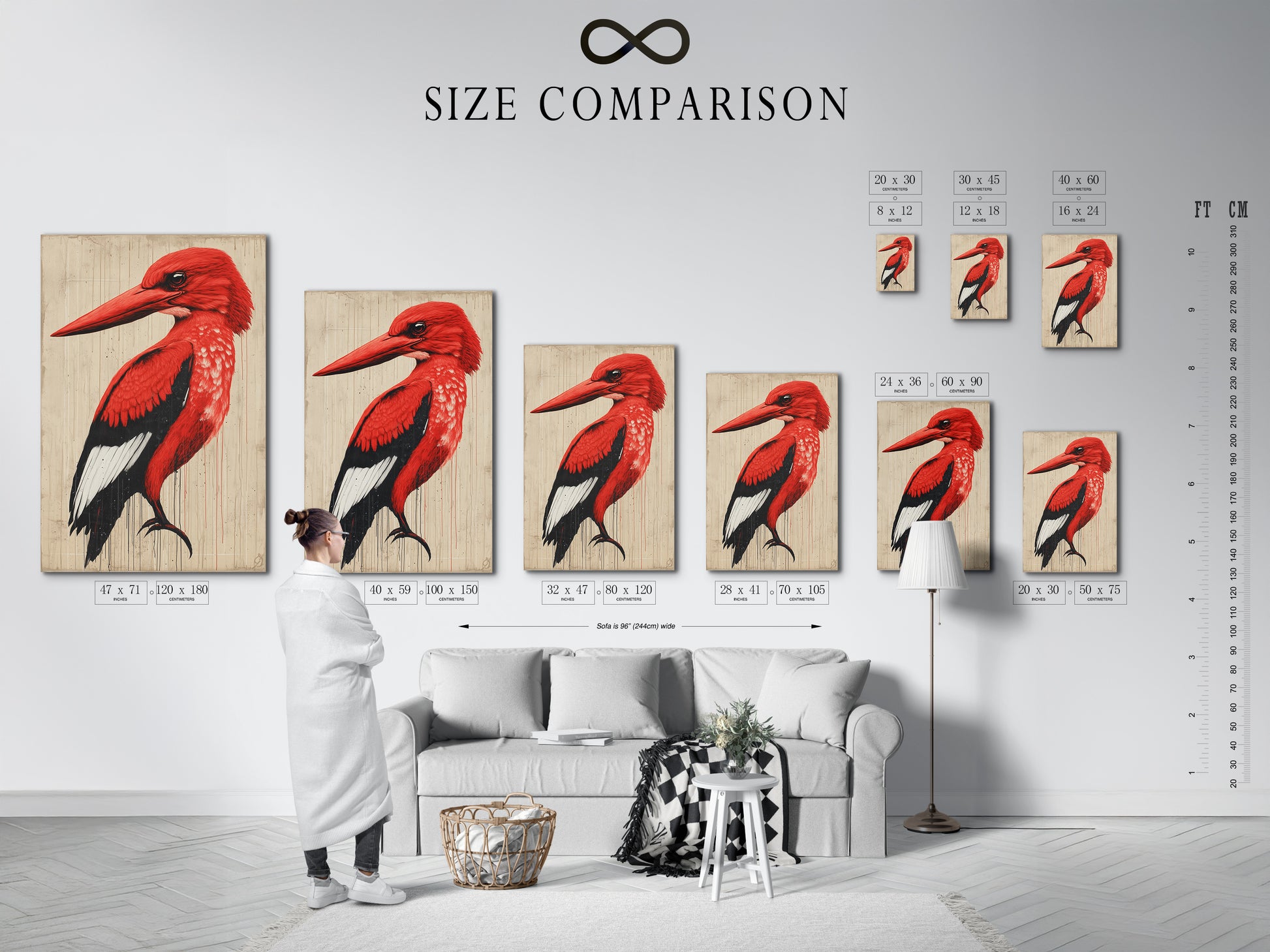 A size comparison chart is displayed in an interior setting. This chart helps you visualize the artwork's size in your space. Choose the perfect size for your art. It is ensuring it fits seamlessly into your home decor.