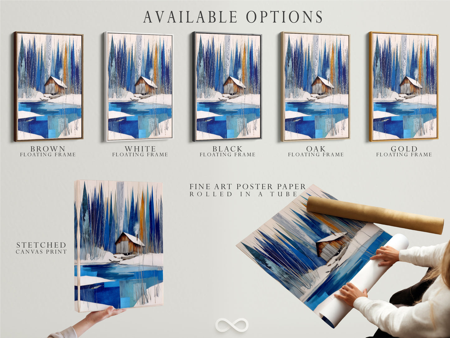 Explore available options for this winter cabin artwork. Choose between a stretched canvas print or a fine art poster paper. Consider a floating frame for an added touch of elegance. This snowy lake wall art enhances any chalet decor. Customize your modern wall art and nature print today.