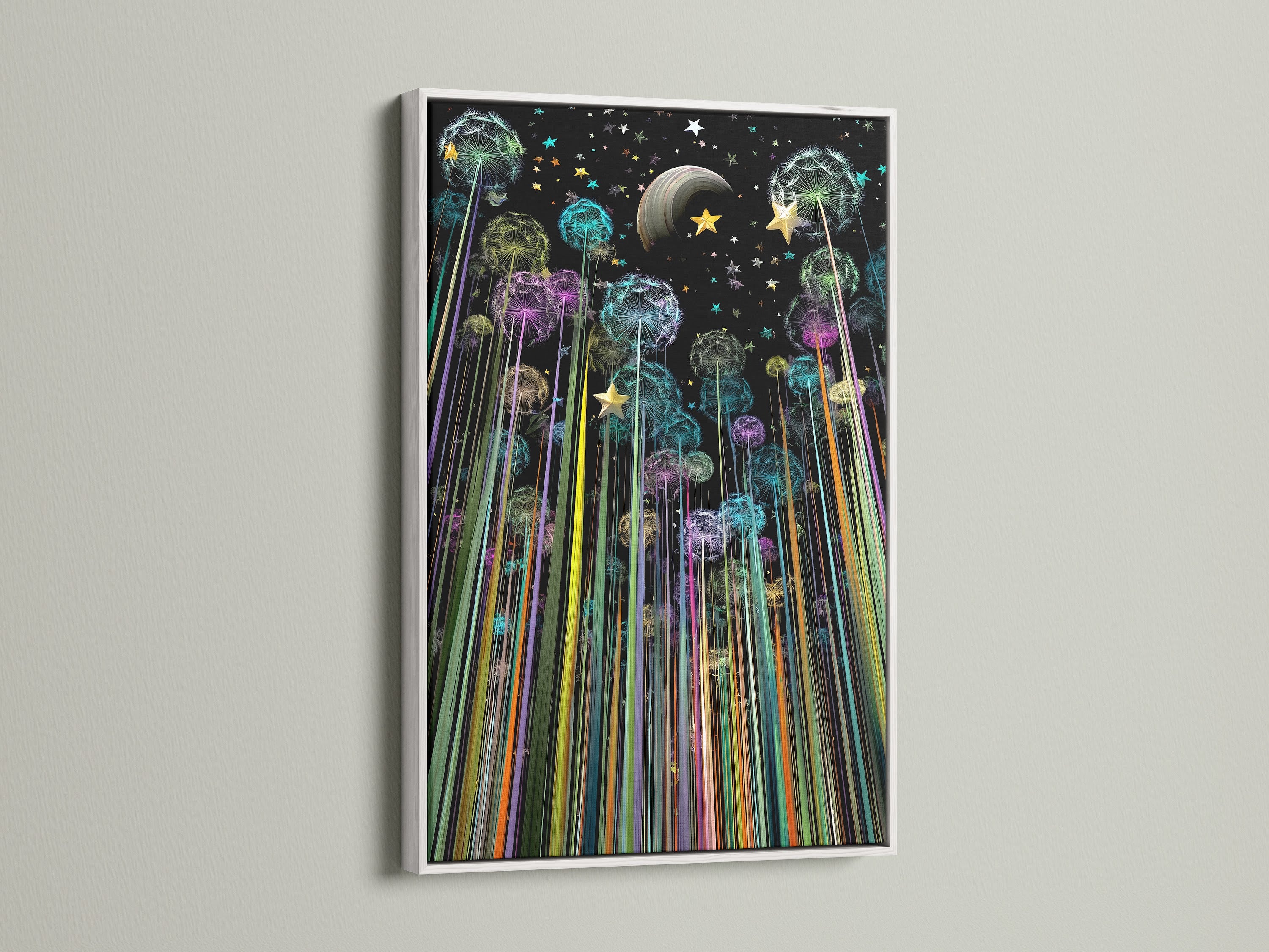 The white frame highlights the Dandelion Galaxy Canvas Print. This celestial art brightens any room. Its colorful space artwork creates a whimsical feel. A great choice for kids room art. The white frame offers a clean look.