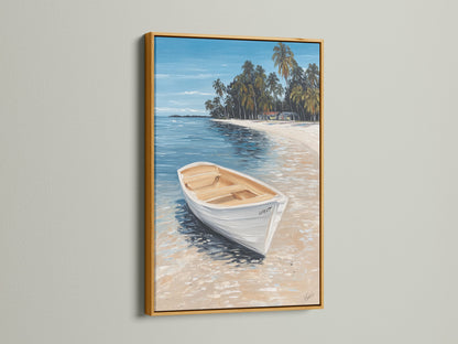Tropical beach canvas artwork with a white boat in a gold frame. This coastal seascape artwork adds elegance to your decor. The beachy home decor enhances any room. Perfect for those who love nautical art. Explore our sea view prints and island art. Feel the vacation vibes.