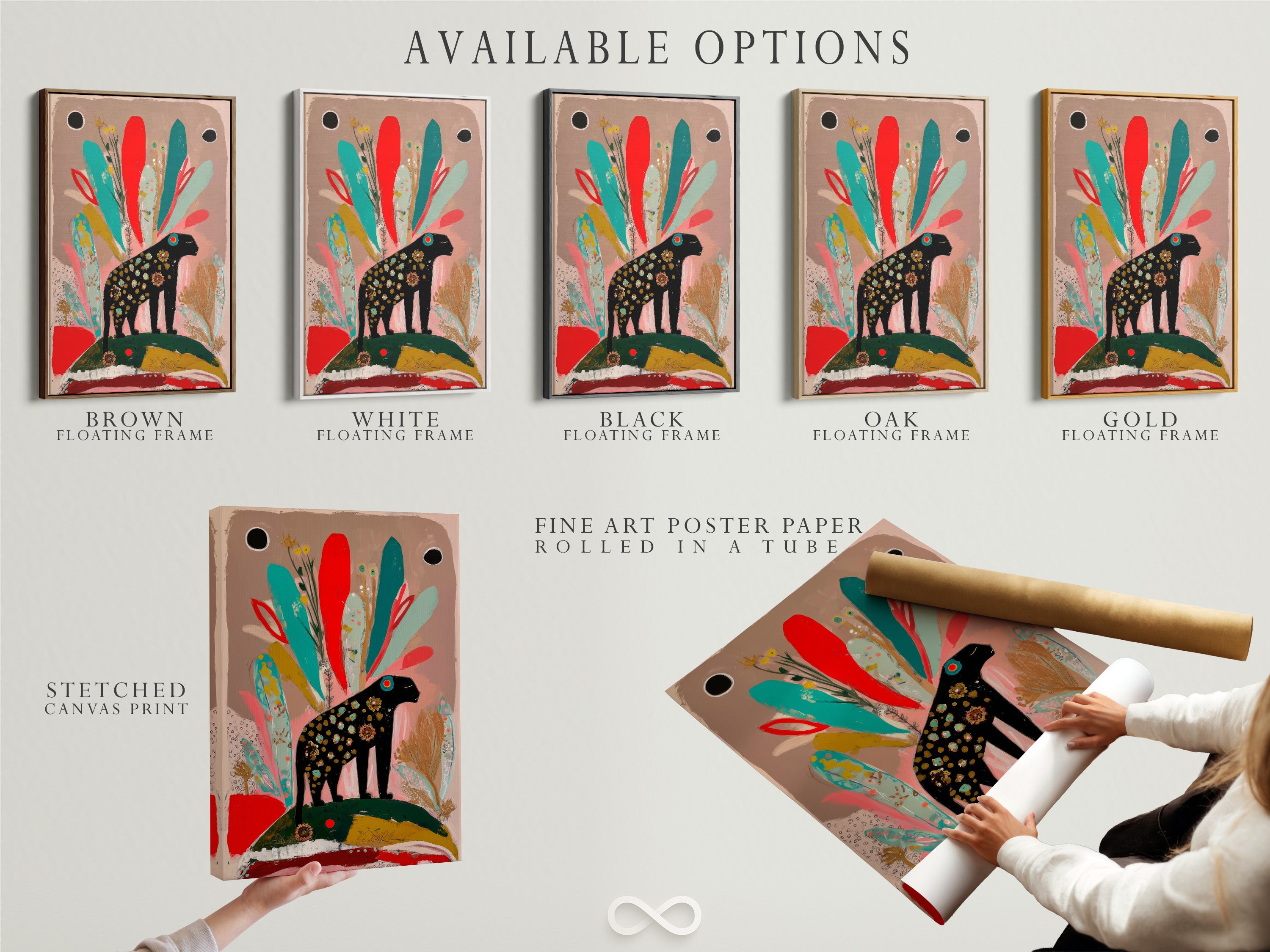 Available options for the folk art elephant print are displayed. Choose from a stretched canvas print a fine art poster or a floating frame. Customize your bohemian animal artwork today. Many options are available.