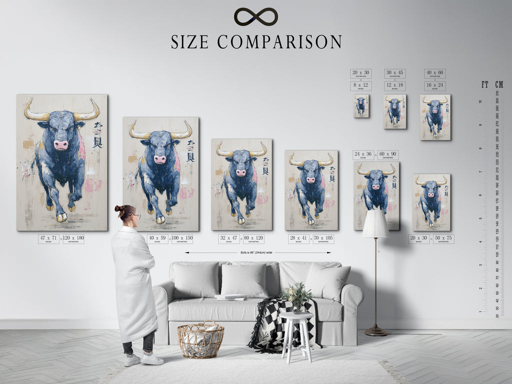 A size comparison chart for bull art in an interior setting. The available options include stretched canvas prints. We also have fine art poster paper and floating frames. The animal canvas is modern artwork.